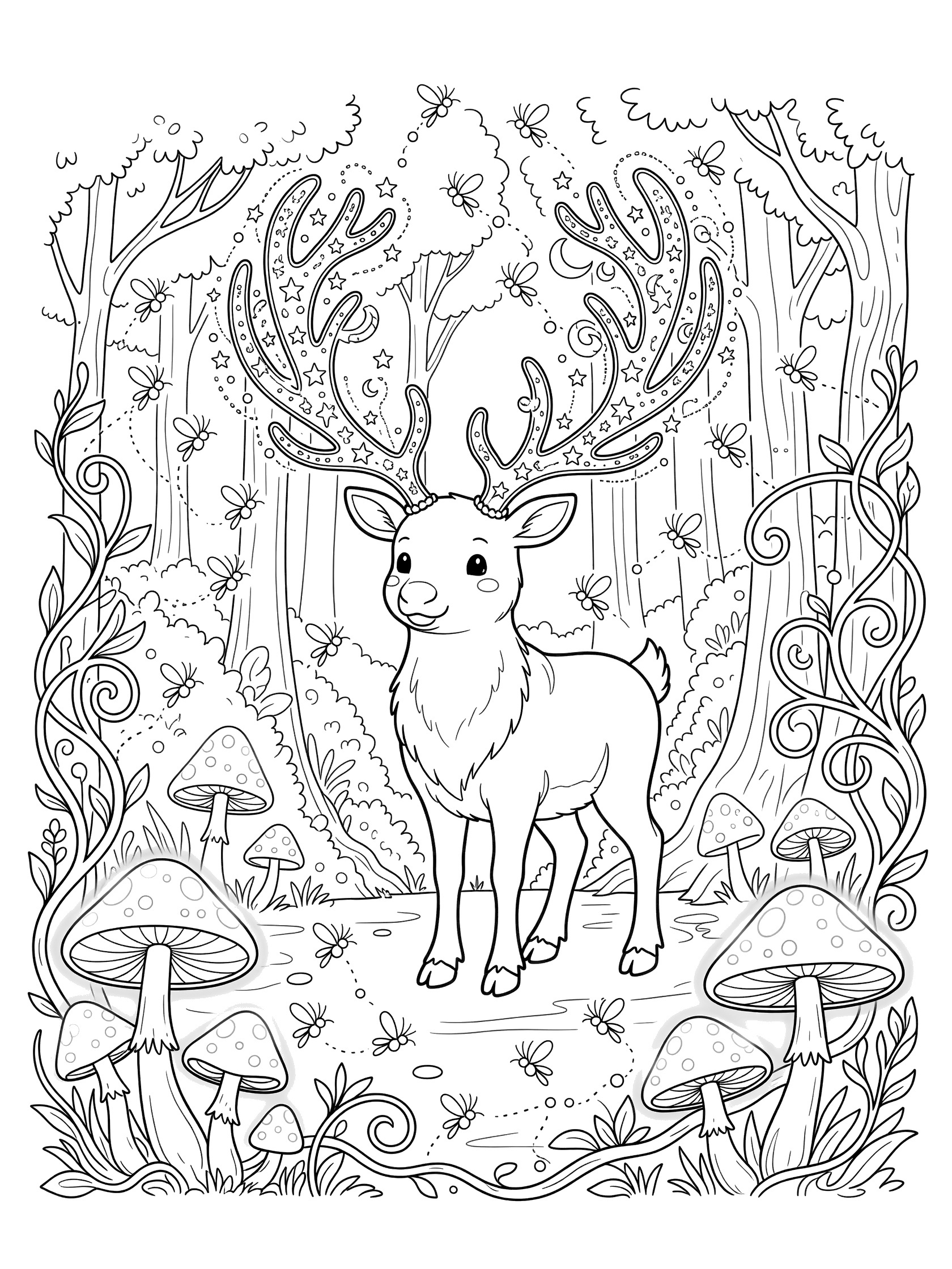 Black and white line art coloring page showing a cute deer with big antlers in an enchanted forest surrounded by bees, mushrooms, twisting vines and trees. Caribou themed black and white printable line art