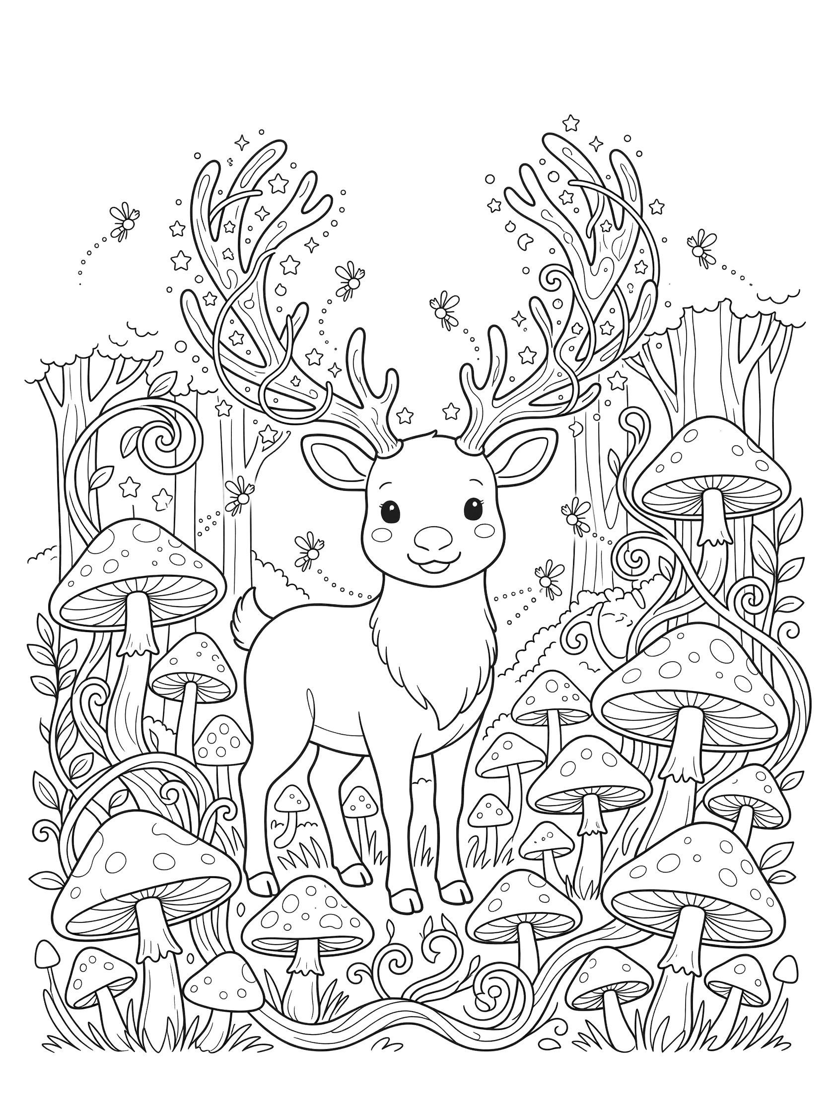 Black and white line art coloring page showing a cute deer with big antlers in an enchanted forest full of mushrooms, twisting vines, and fireflies. Caribou themed black and white printable line art