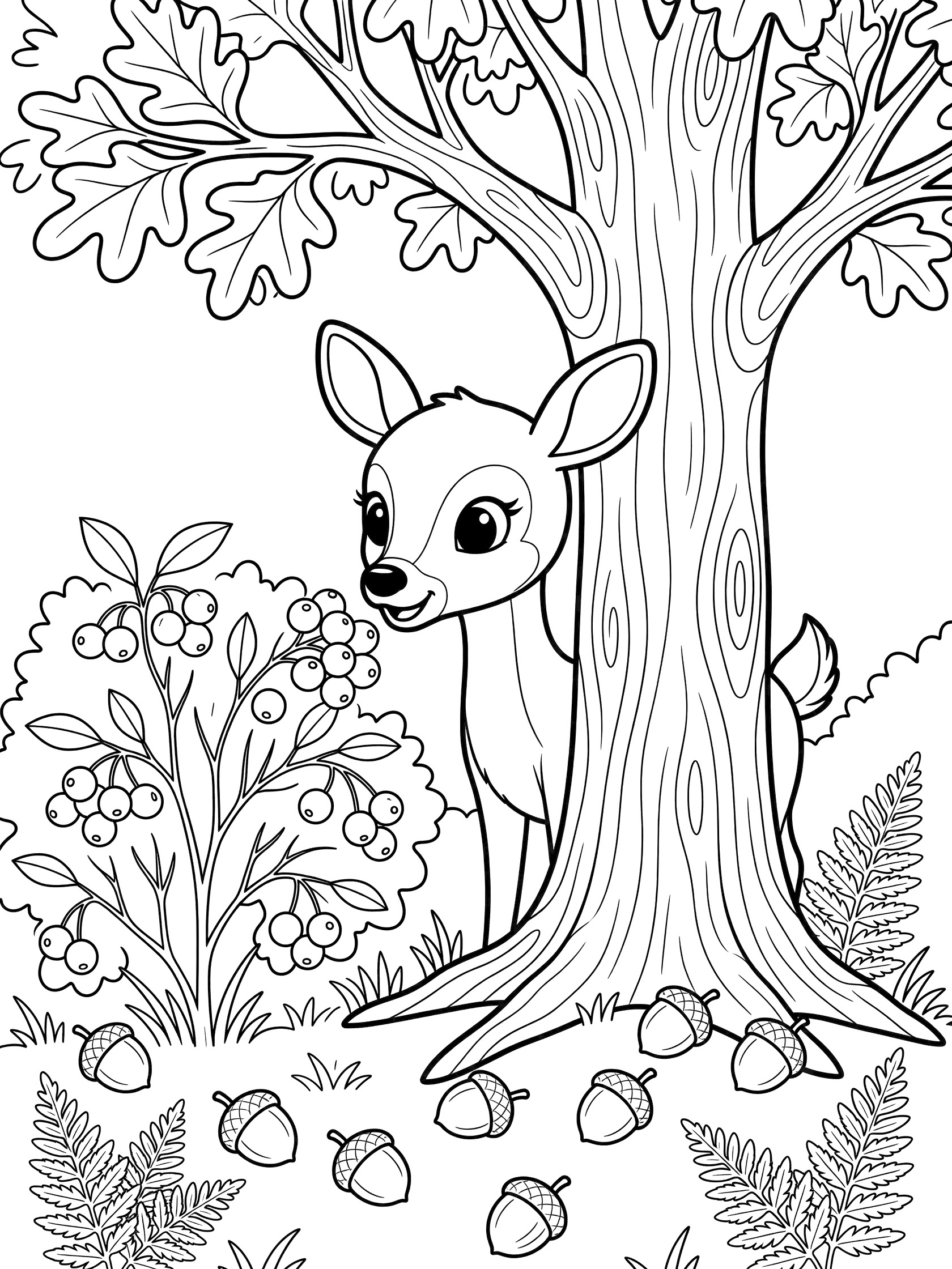 Black and white coloring page of a kawaii deer with big eyes peeking curiously from behind a large oak tree, sniffing berries on a bush with acorns and ferns.