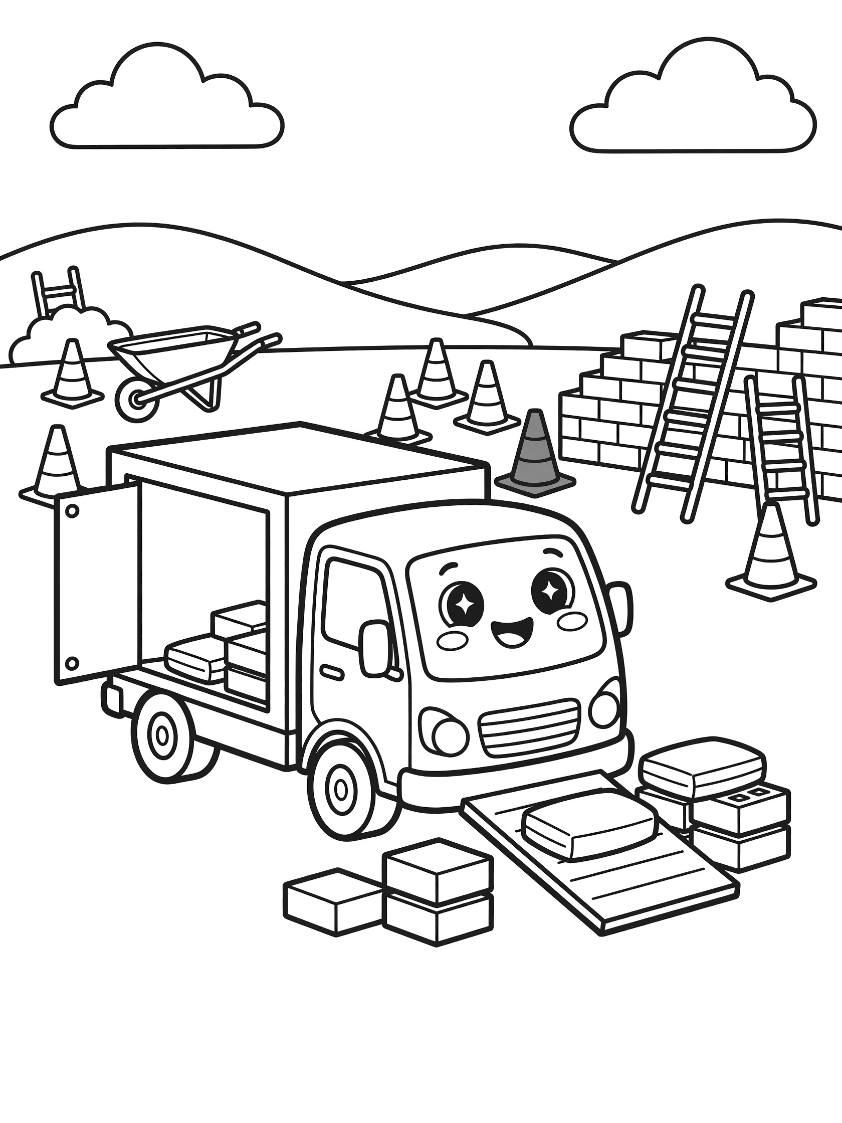 Kawaii delivery truck coloring page showing chubby truck with sparkling eyes and rosy cheeks parked at construction site, unloading stacks of bricks and bags using a ramp, with safety cones, wheelbarrow, half-built wall, ladders, hills and clouds.