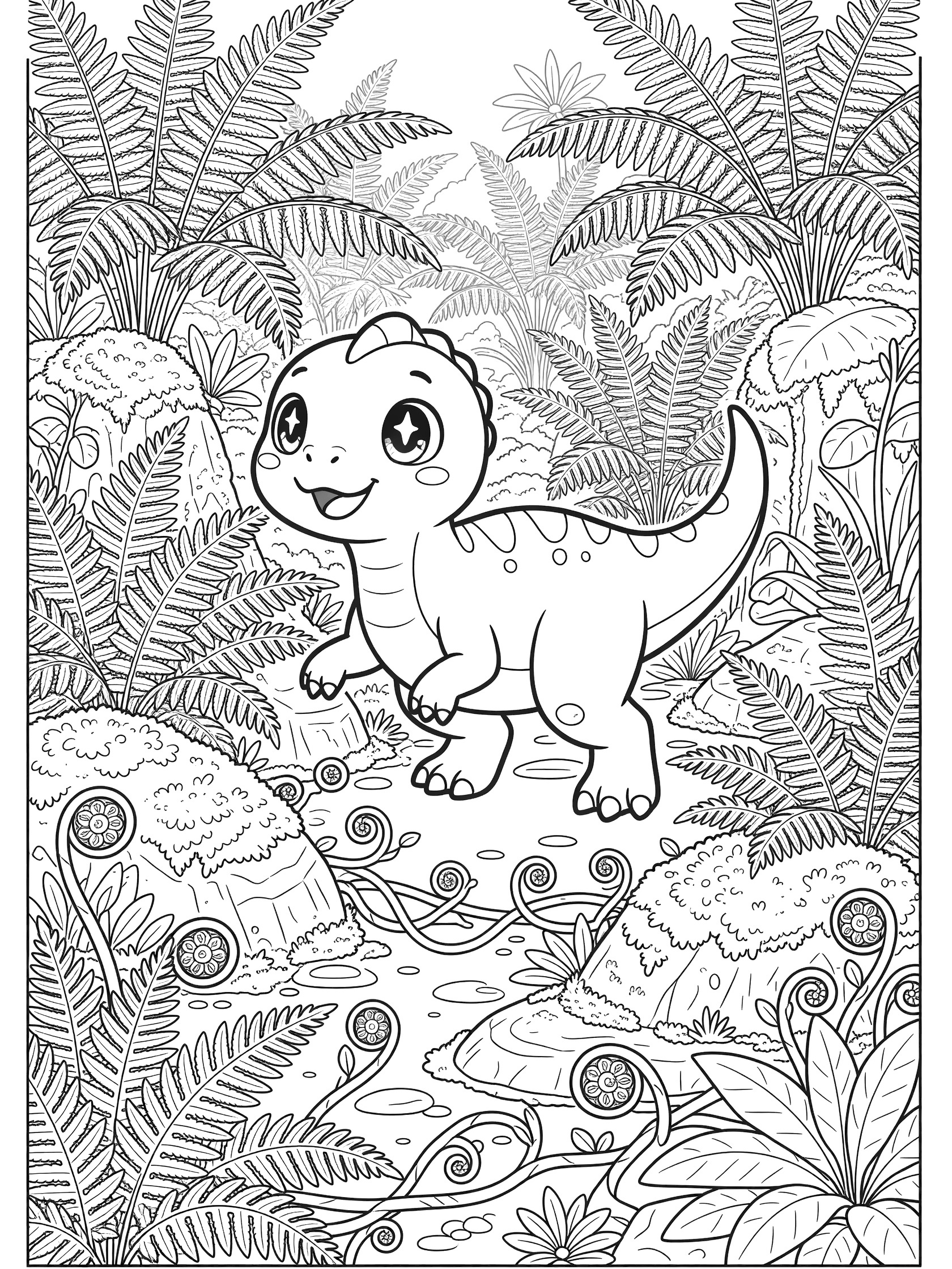 Black and white line art coloring page of a chubby kawaii Dilophosaurus with big sparkling eyes and tiny frill, walking on all fours in a lush prehistoric fern forest with fiddleheads, mossy rocks, and twisting vines.