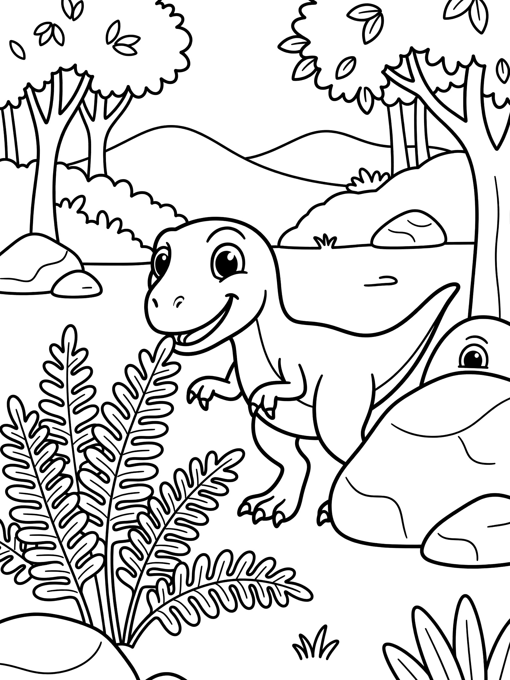Whimsical line art coloring page showing a friendly Deinonychus dinosaur exploring a forest, sniffing tall ferns, peeking behind a boulder with one foot lifted, surrounded by trees, hills and rocks.