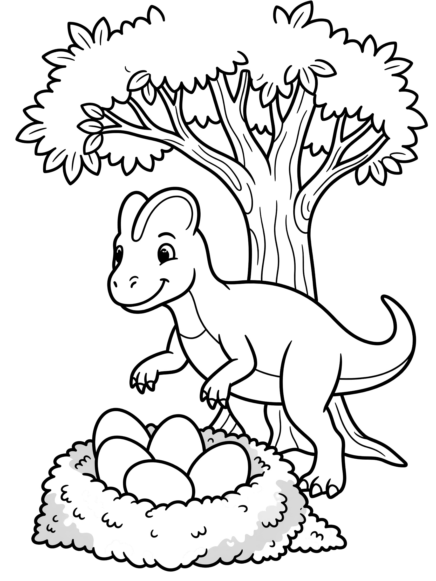 Black and white line art coloring page showing a cute dinosaur with a crest on its head standing next to a nest full of large eggs under a leafy tree. Dinosaur Eggs themed black and white printable line art