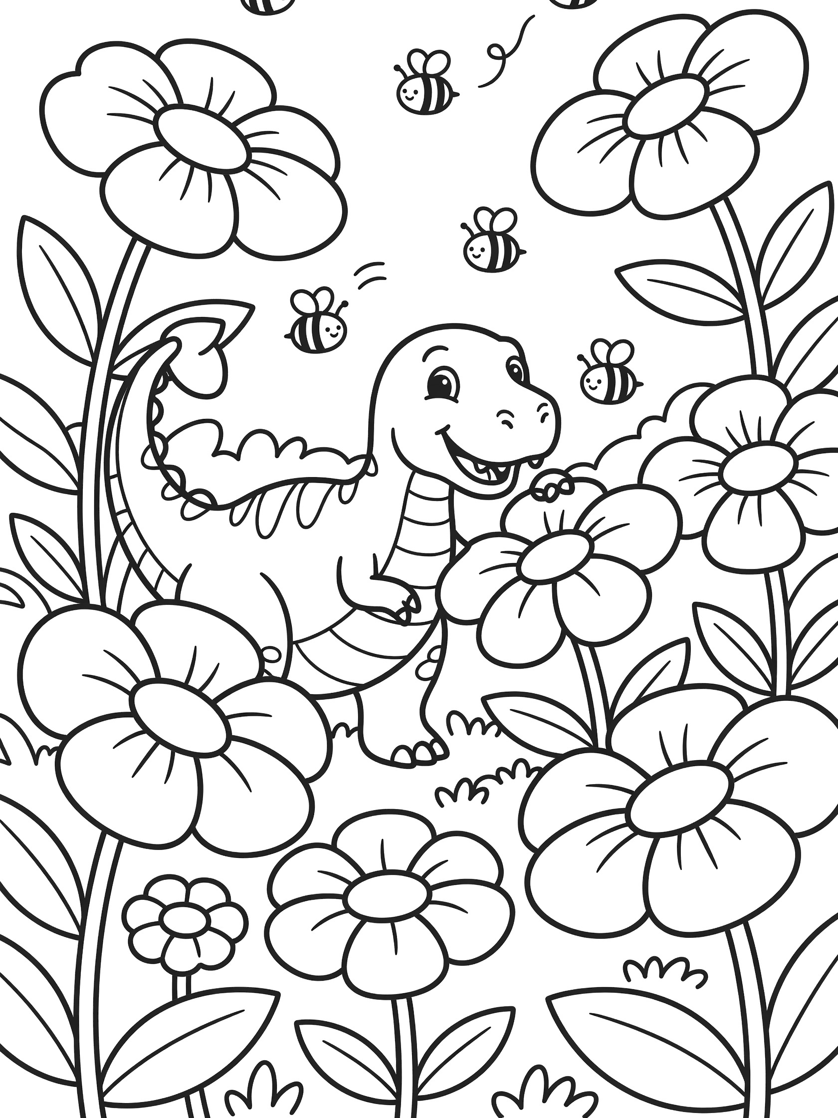 Black and white line art coloring page showing a cute dinosaur with a big smile sniffing oversized flowers surrounded by leaves and friendly bees flying around. Scorpios Rex themed black and white printable line art