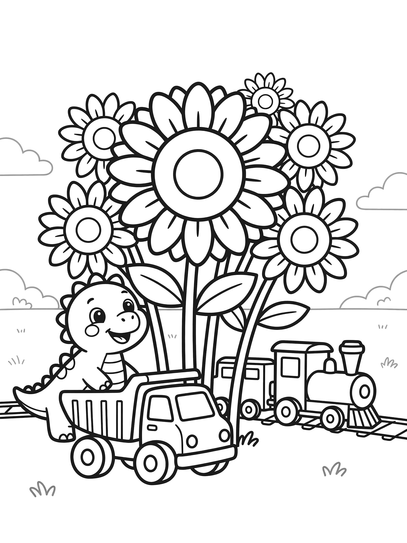 Black and white printable coloring page showing a cute smiling dinosaur clutching a bouquet of sunflowers with a dump truck and steam train in a simple grassy scene with clouds