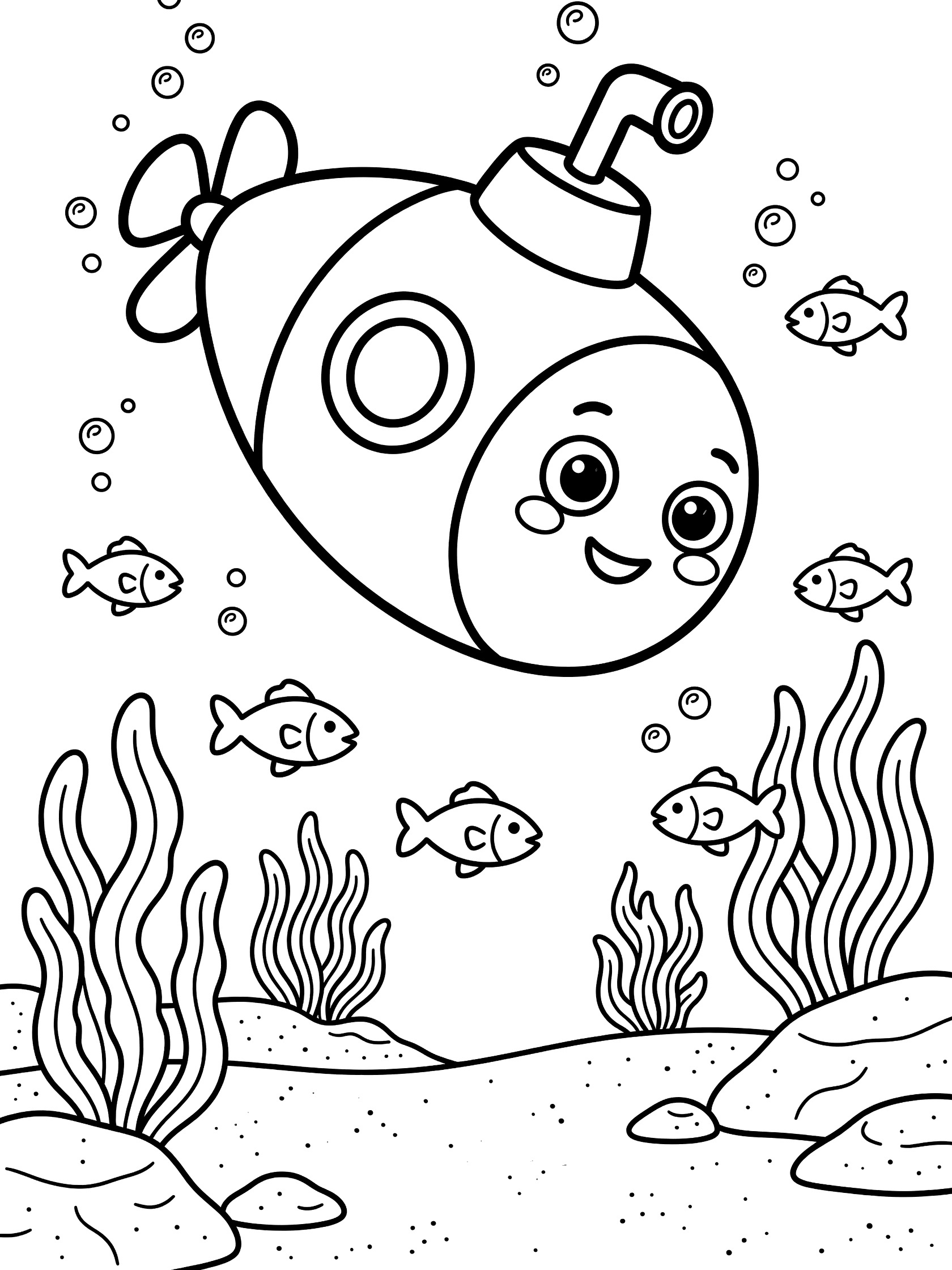 Cute chubby submarine with smiling face and round eyes diving steeply in ocean, propeller bubbling, periscope up, fish and seaweed around, black line art coloring page