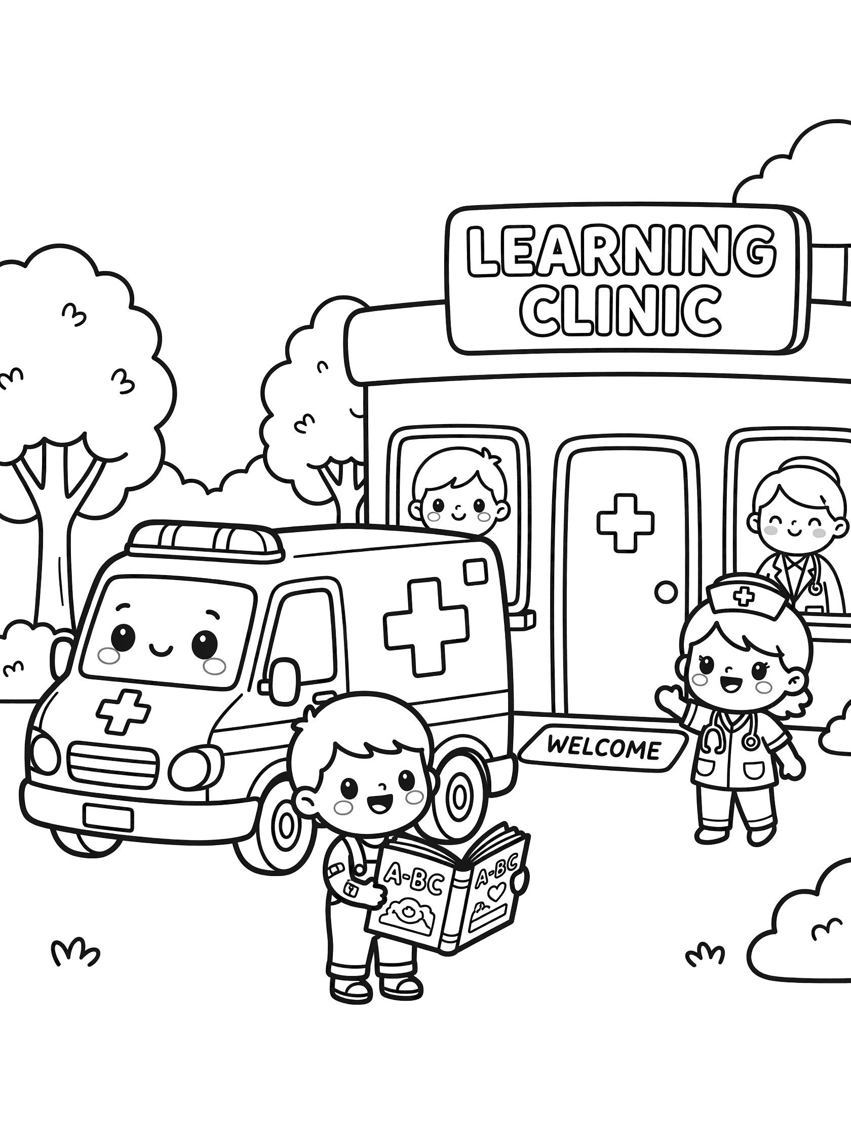 Black and white kawaii coloring page showing a smiling ambulance parked at Learning Clinic with cute doctors, nurses, a boy holding a book, trees, and clouds.