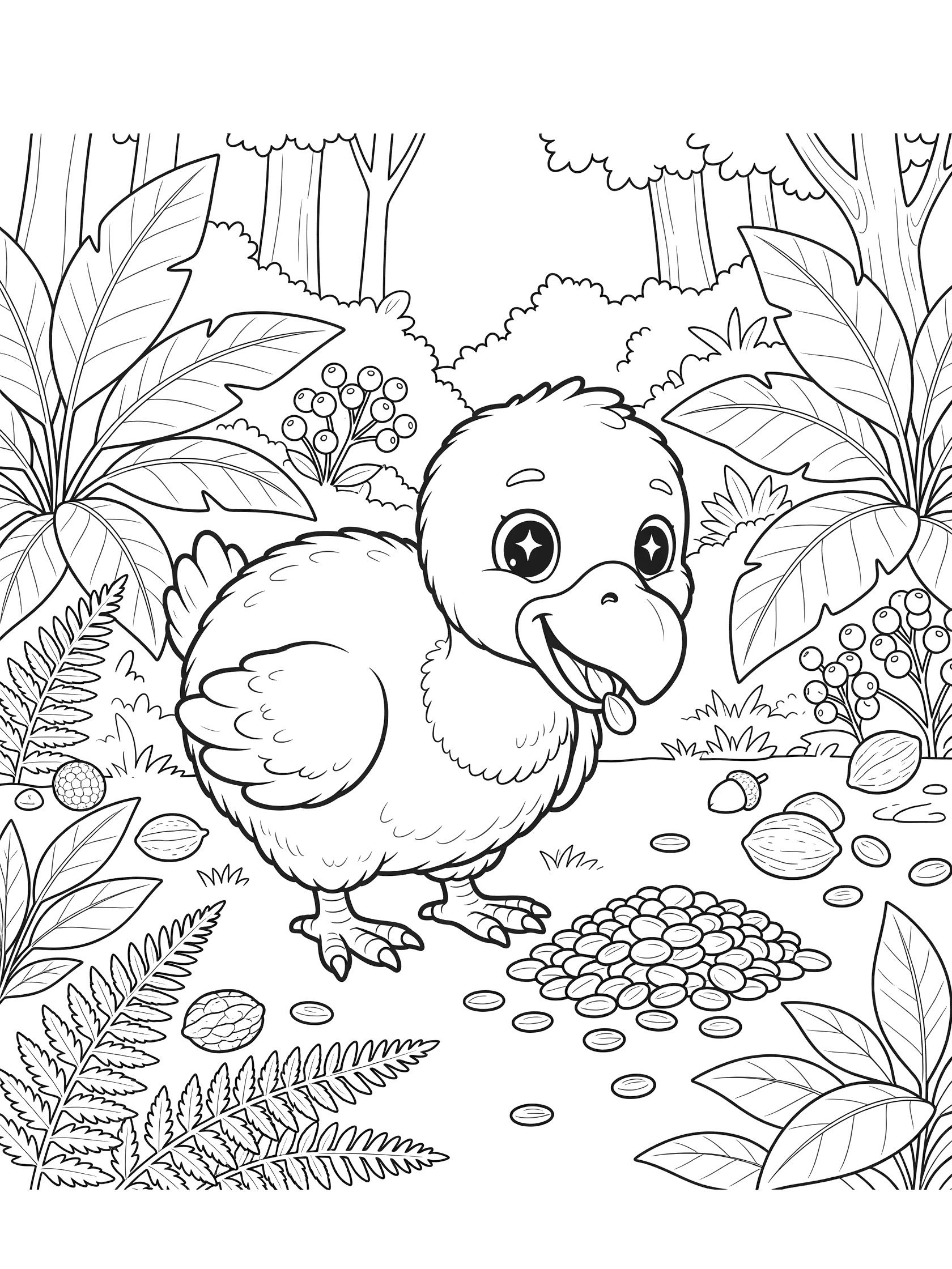 Kawaii dodo bird with big eyes happily eating seeds from a pile, with forest plants like large leaves, ferns, berries, nuts and background trees.
