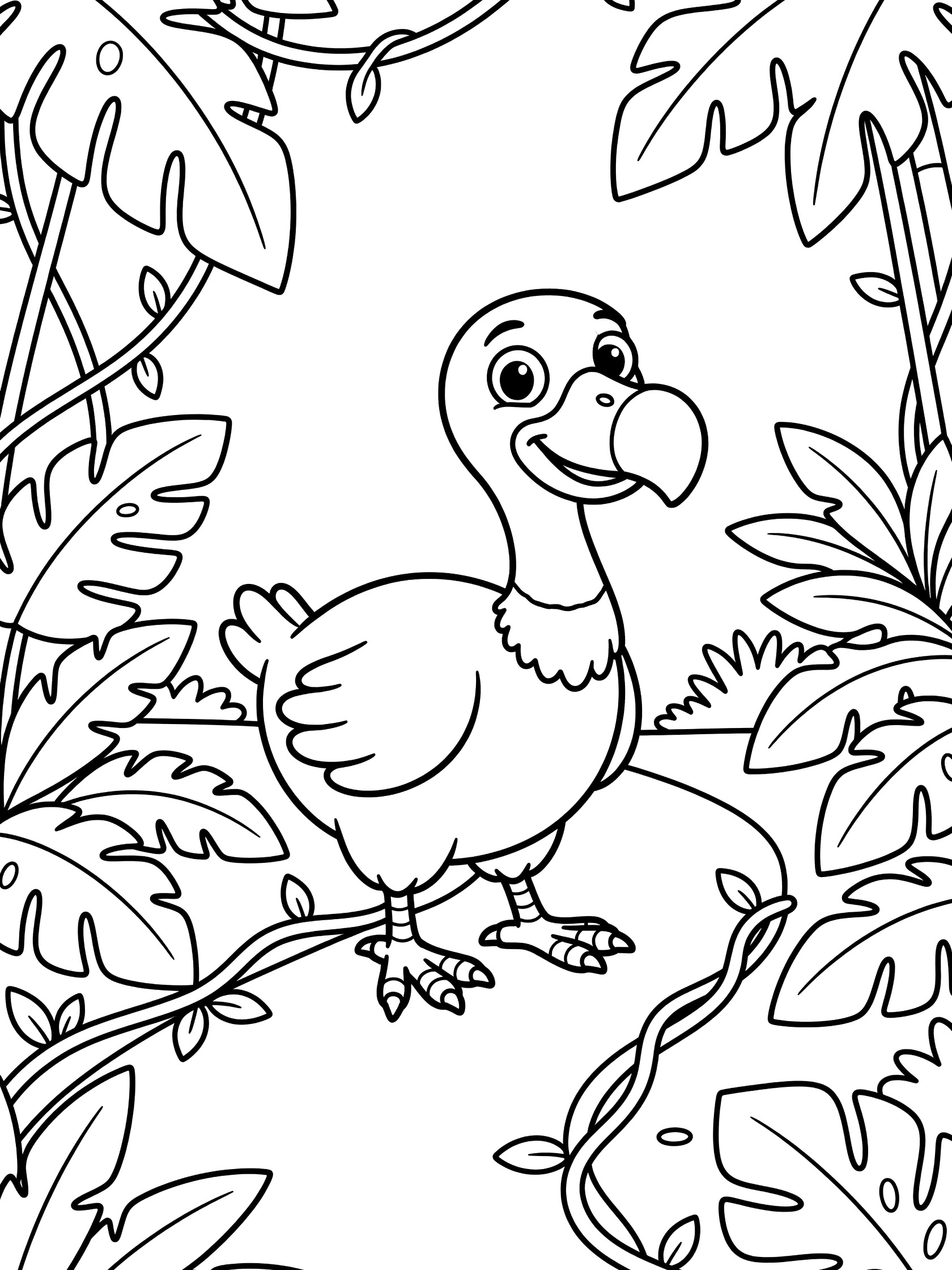Black and white line art coloring page showing a plump cartoon dodo bird with big eyes and beak on a jungle path surrounded by large leaves and vines.