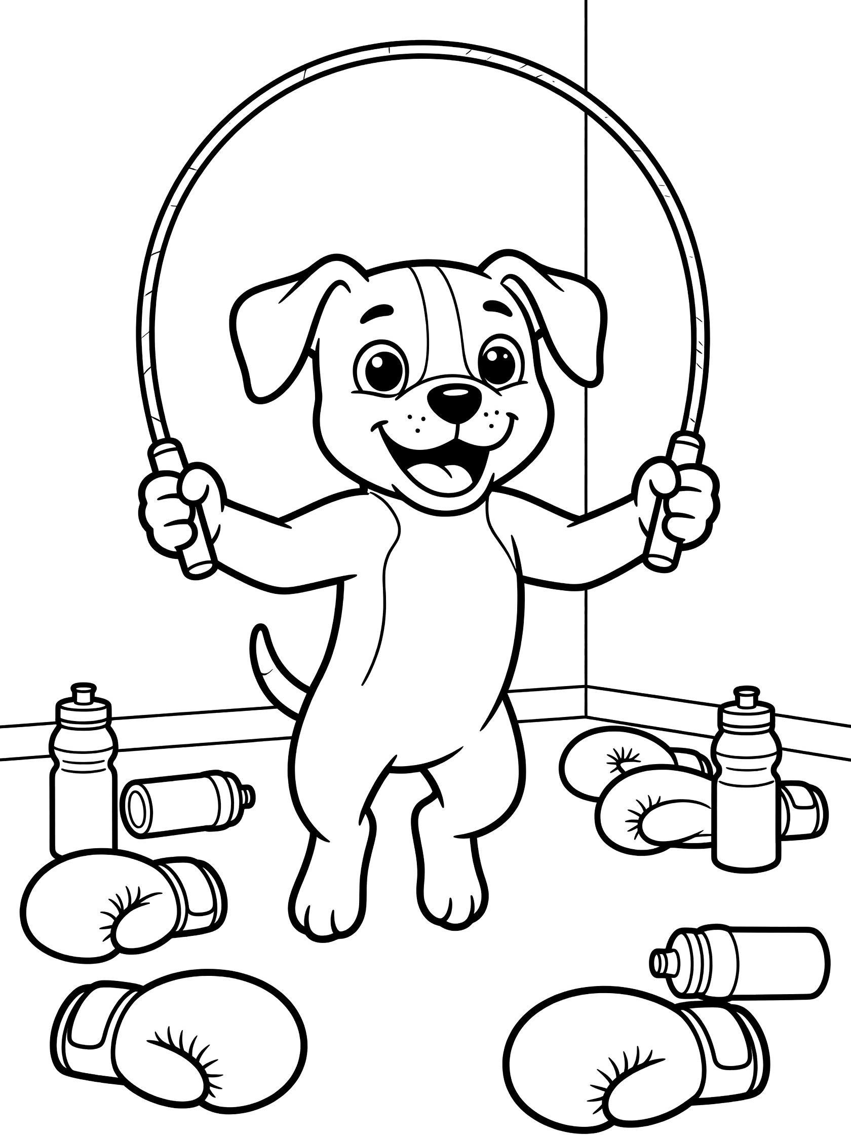 Cute cartoon dog boxer jumping with jump rope arcing to the side, smiling big in gym corner surrounded by boxing gloves and water bottles on floor, line art coloring page