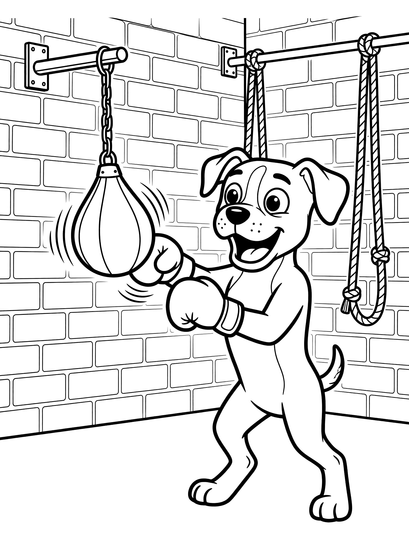 Black-and-white line art of a cute dog with gloves punching a wobbling speed bag, standing in a brick gym with hanging ropes.