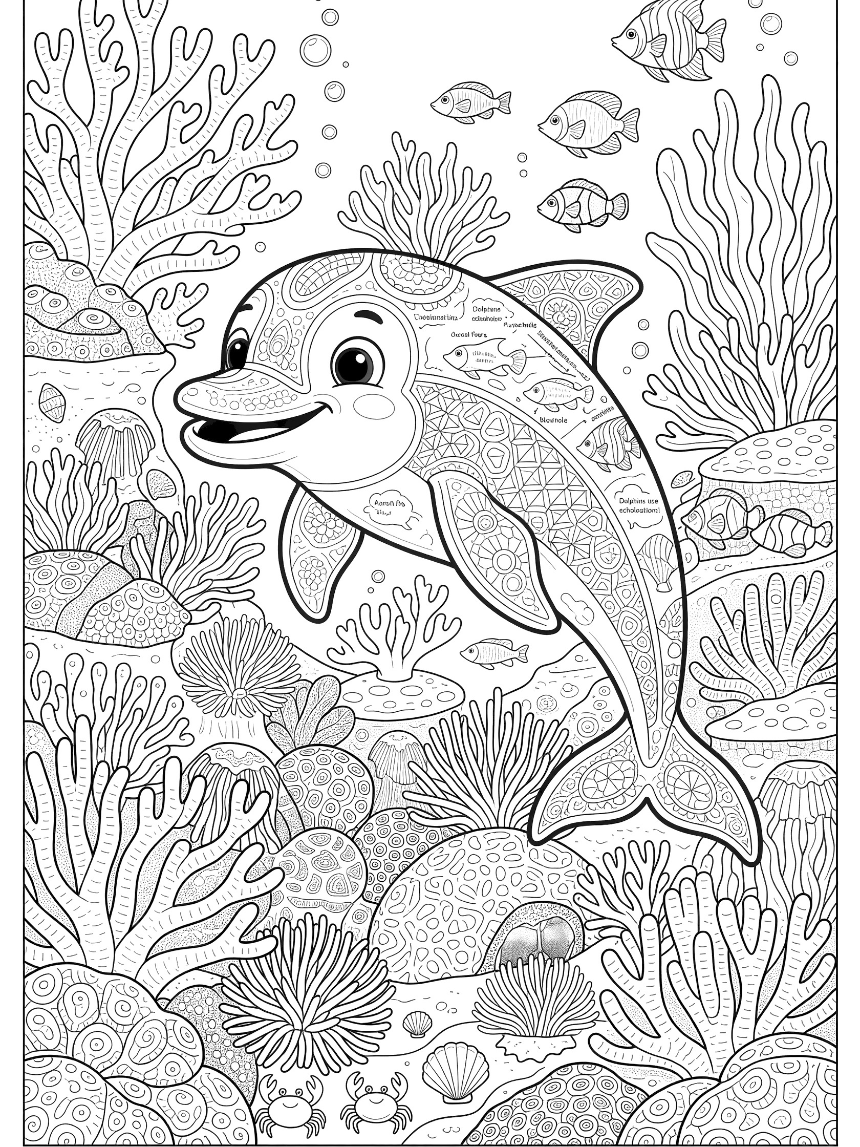 Detailed printable coloring page showing a cartoon dolphin with patterns, surrounded by branching corals, small fish, crabs, shells, seaweed, rocks, and bubbles.