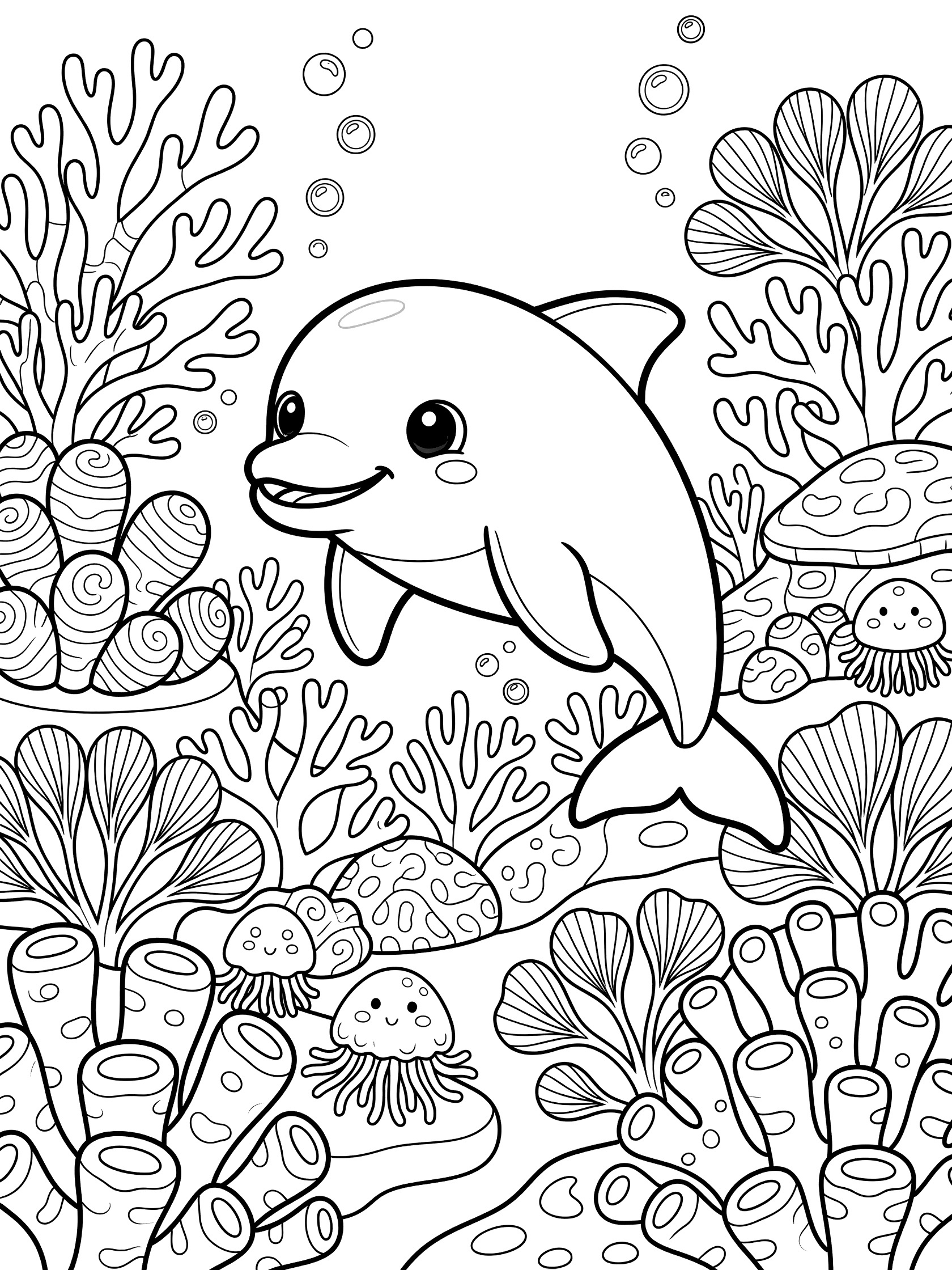 Line art coloring page showing a cute smiling dolphin with big eyes in a coral reef surrounded by branchy corals, sea anemones, and bubbles.