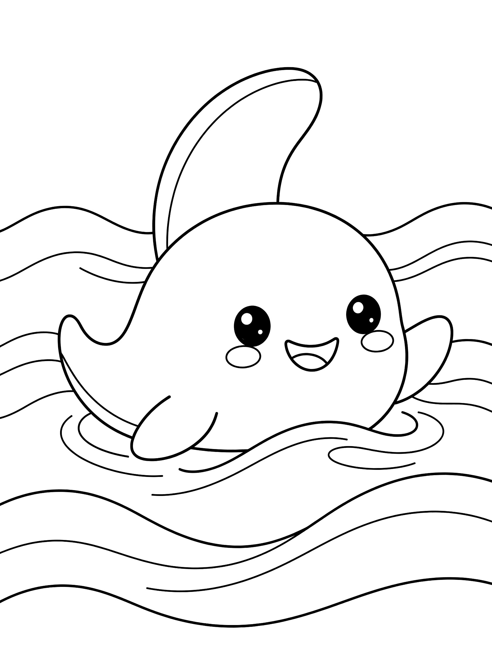 Black and white line art coloring page showing a chubby cute dolphin with big sparkling eyes and happy smile raising one fin amid wavy ocean waves. Whale themed black and white printable line art