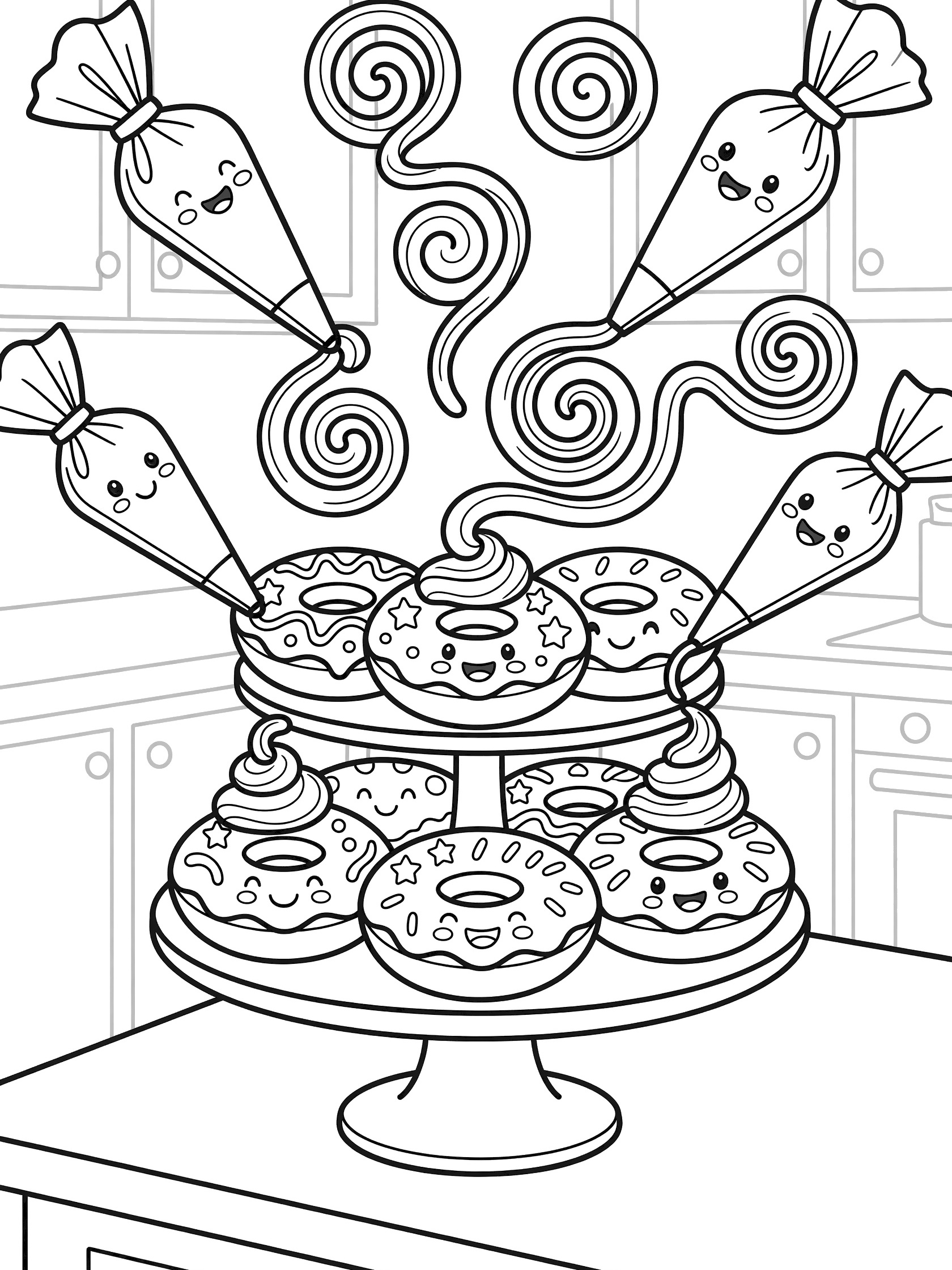 Printable coloring page showing smiling donuts stacked on a cake stand in a kitchen, with piping bags adding swirly frosting