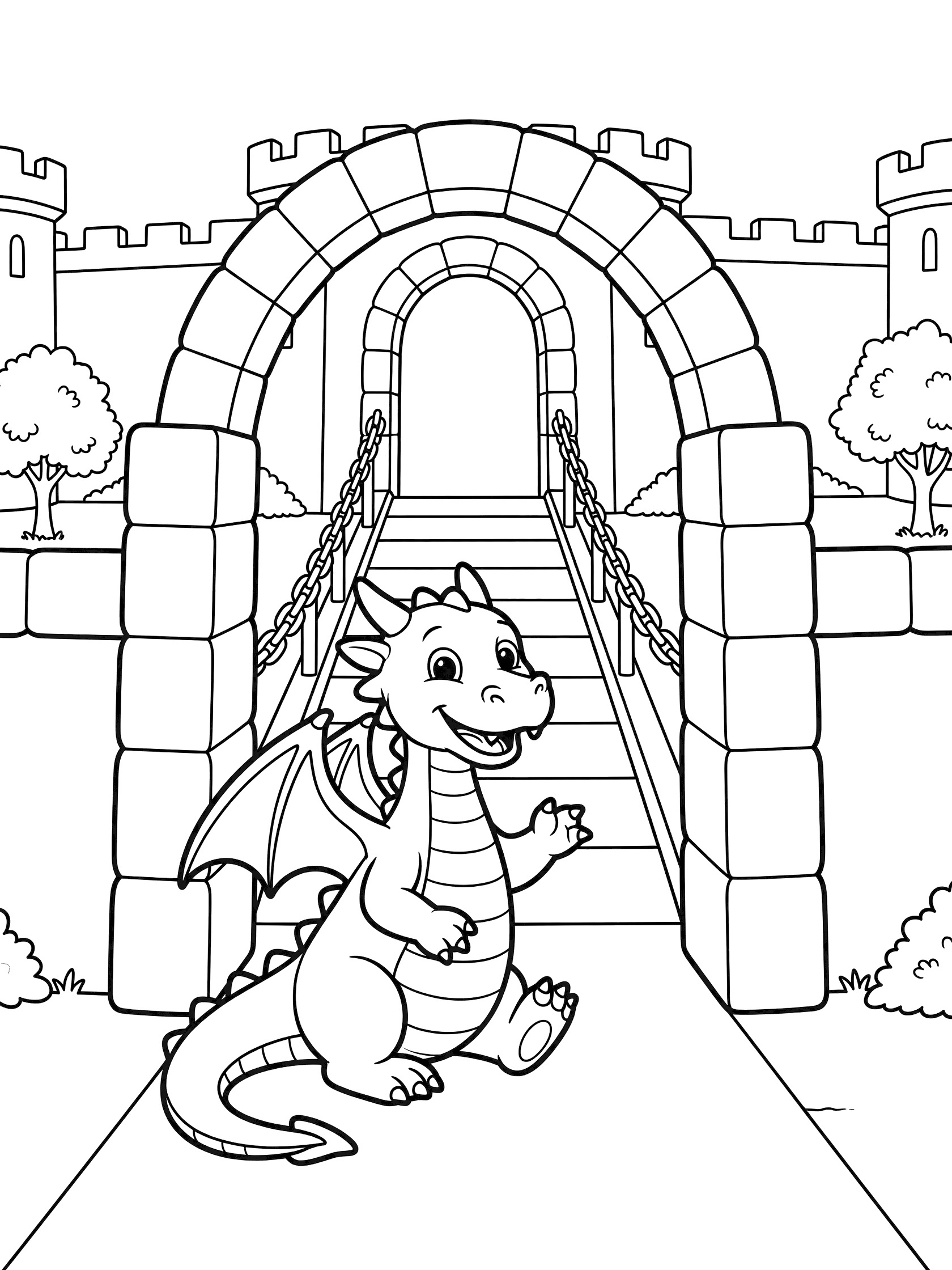Black and white line art coloring page showing a smiling cartoon dragon sitting in front of a castle gate with arched entrance, chains on drawbridge, stone walls, and small trees. Dragon Castle themed black and white printable line art