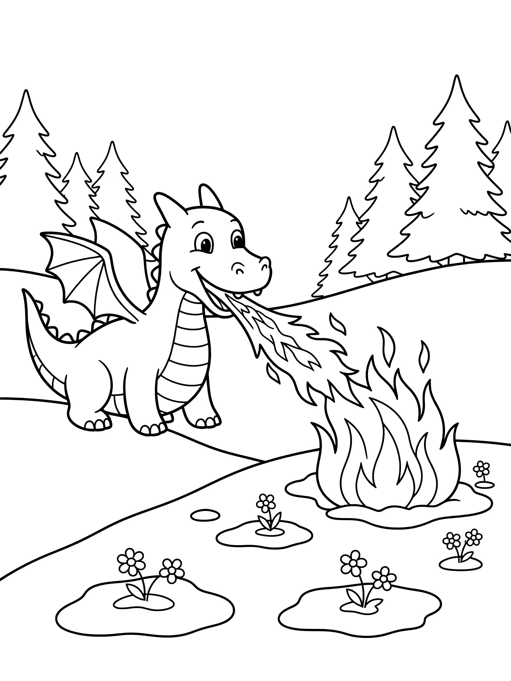 Black and white line art coloring page showing a cheerful cartoon dragon with wings breathing a stream of fire towards snowy ground with melting puddles, tiny flowers, and pine trees in the background. Dragon Fire themed black and white printable line art