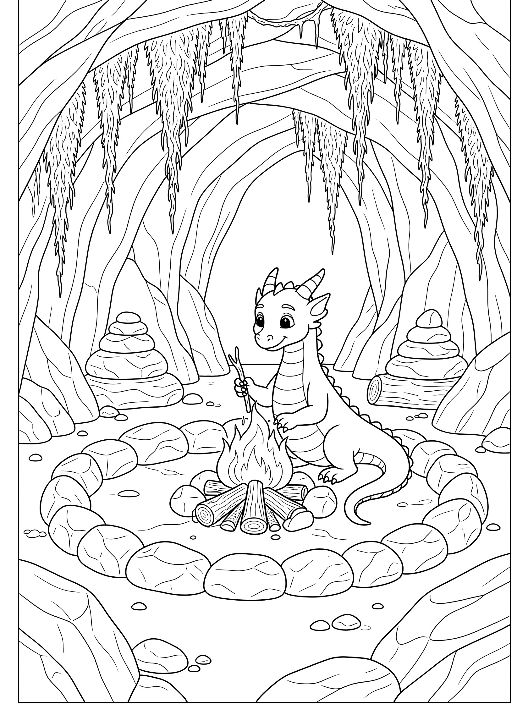 Black and white coloring page of a cute dragon poking a campfire with a stick inside a cave surrounded by rocks and moss. Dragon Cave themed black and white printable line art