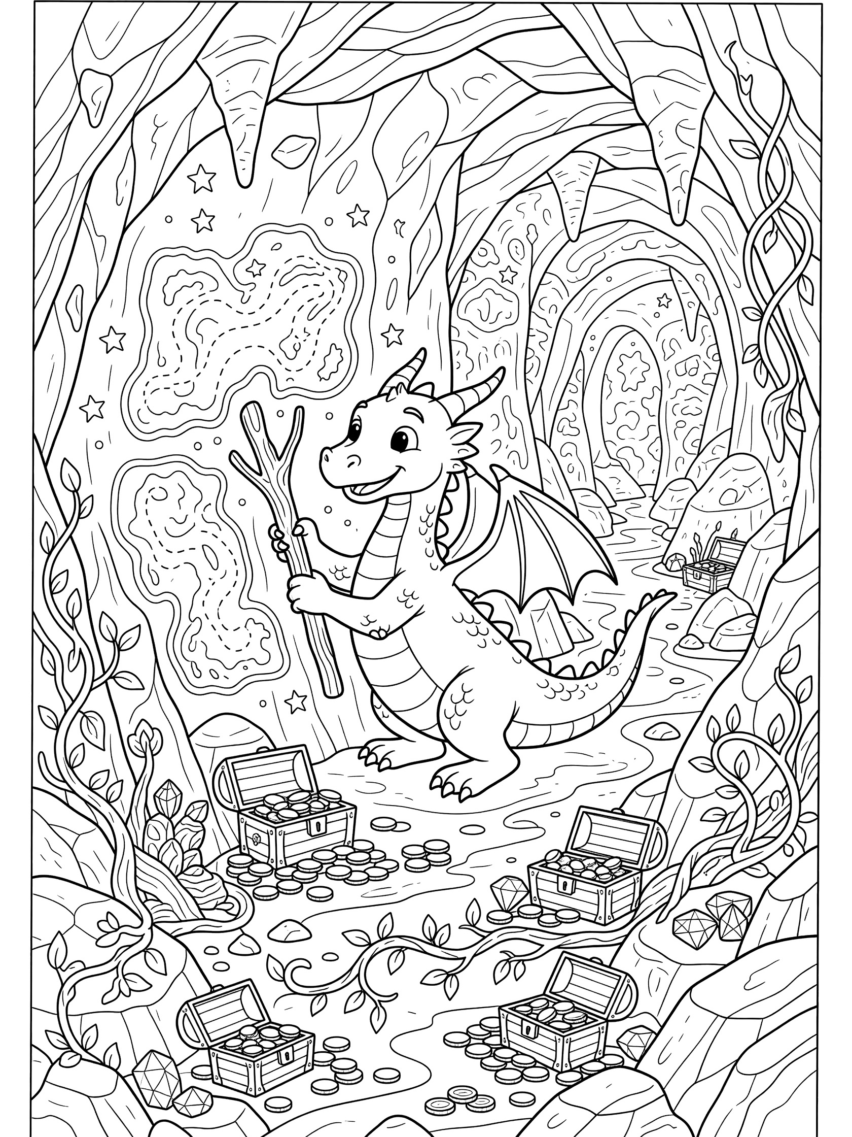 Cute smiling dragon holding a stick drawing maps and stars on rough cave walls in a treasure-filled dragon cave coloring page, line art with rocks, vines, gems and chests.