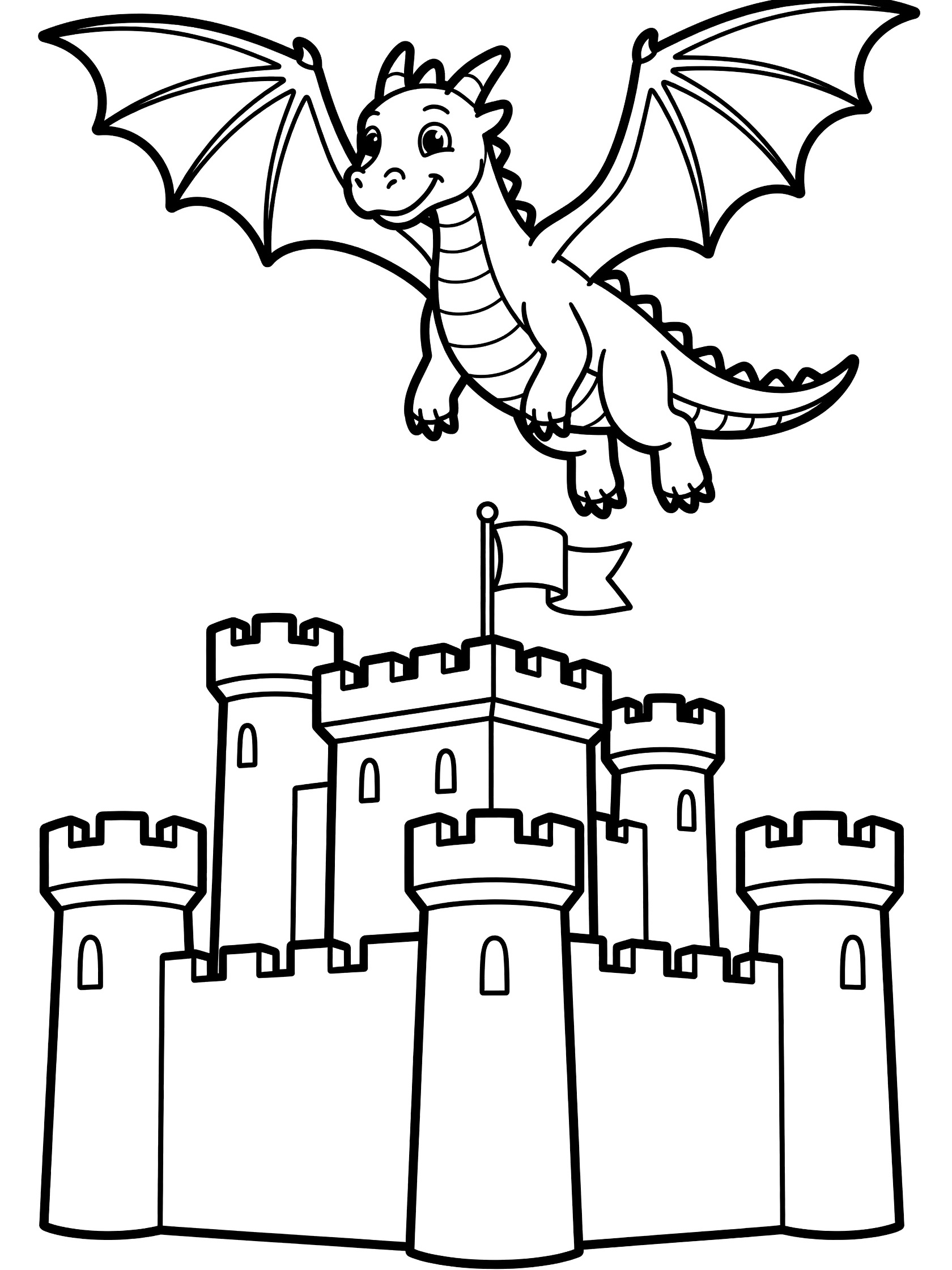 Black and white line art coloring page showing a friendly dragon with outstretched wings flying above a castle with towers, battlements, and flag. Dragon Castle themed black and white printable line art