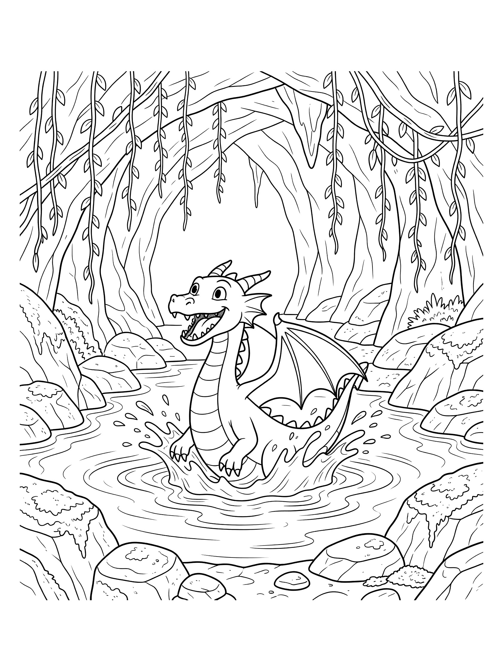 Black and white line art coloring page showing a cute dragon splashing water in a rocky cave pool surrounded by vines and stones. Dragon Cave themed black and white printable line art