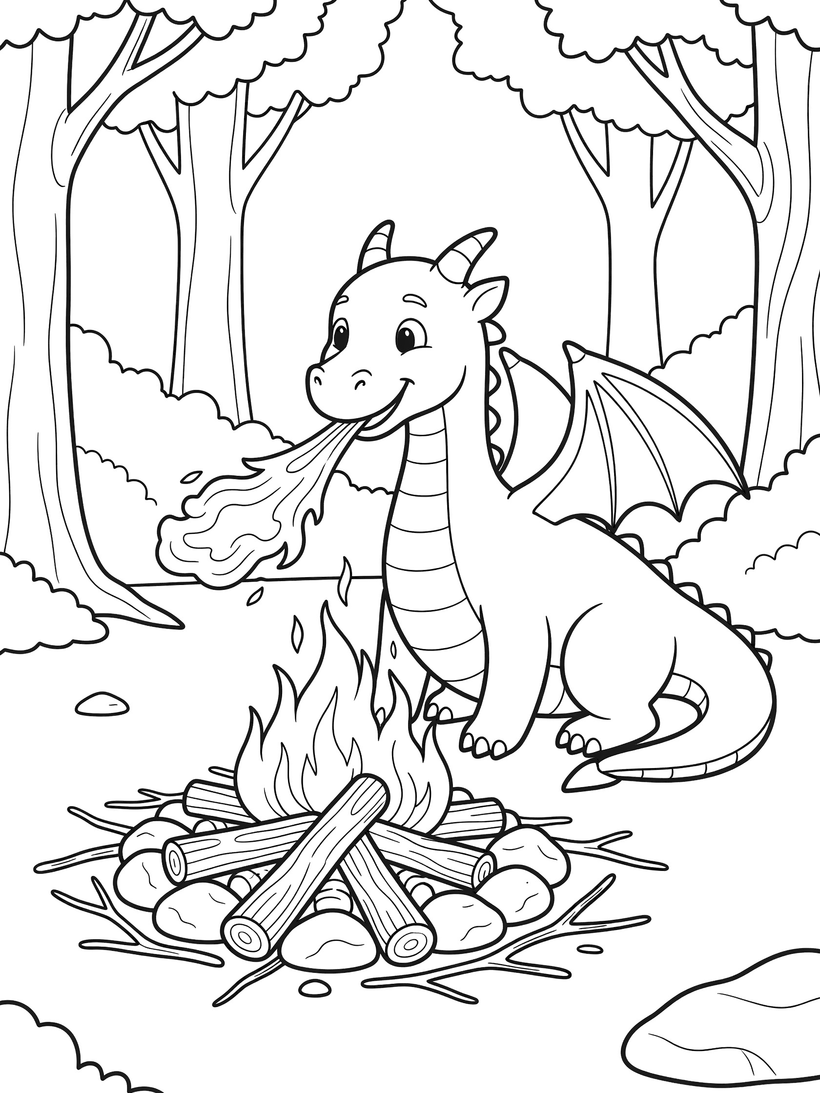 Black and white line art coloring page showing a cute dragon with wings and horns breathing a stream of fire onto a pile of logs and sticks for a campfire, surrounded by stones and trees in a forest clearing. Dragon Fire themed black and white printable line art