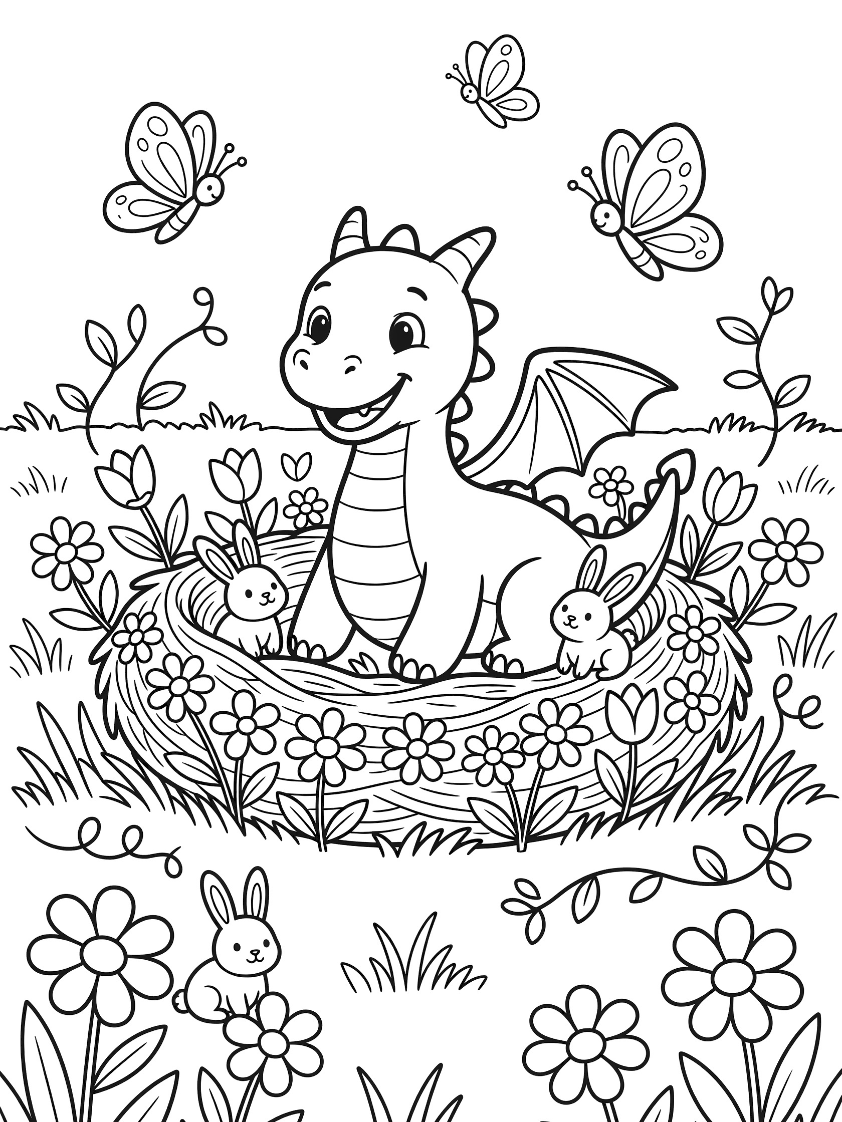 Black and white line art coloring page showing a smiling dragon with wings in a round nest full of baby bunnies, surrounded by flowers, grass vines and flying butterflies. Dragon Nest themed black and white printable line art