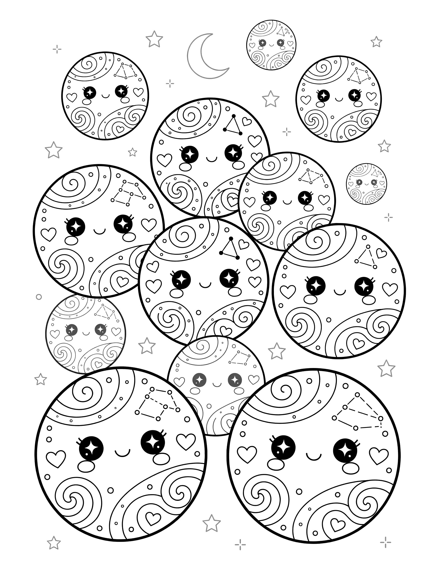 Black and white coloring page of a cluster of cute kawaii dreamy orbs with faces, zentangle patterns, stars, and crescent moon on white background