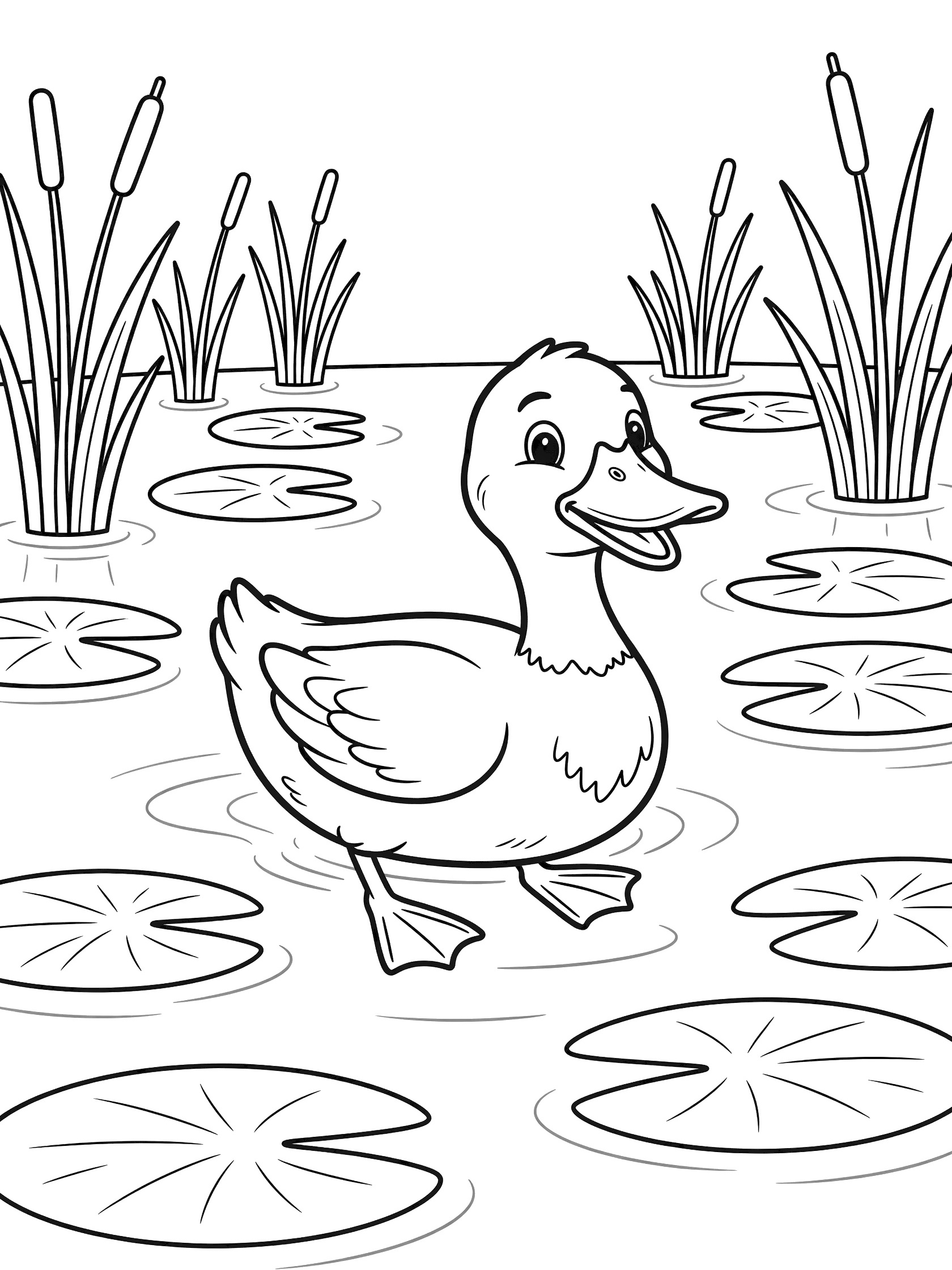Black and white line art coloring page showing a cheerful duck with open beak swimming in water with lily pads and tall reeds around it.