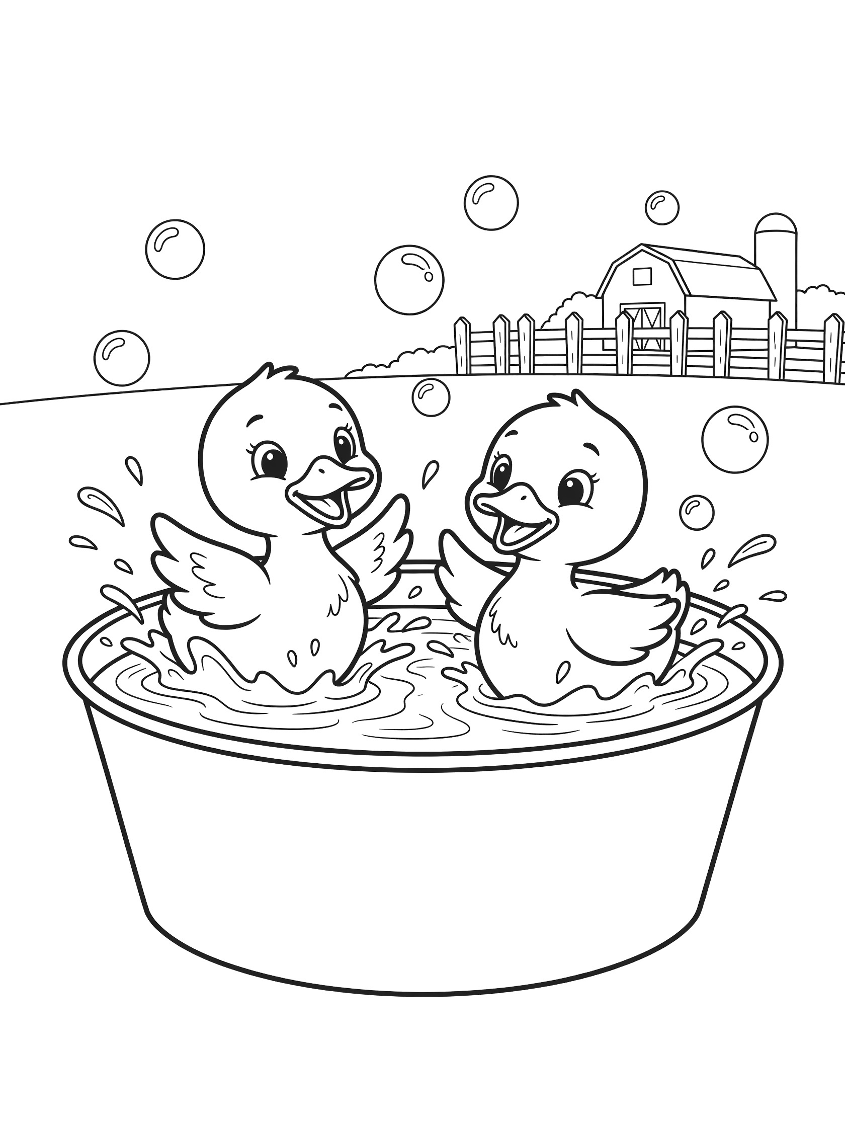 Black and white line art of two ducklings playing in a metal tub full of water and bubbles, with farm barn and fence behind them. Ducks themed black and white printable line art