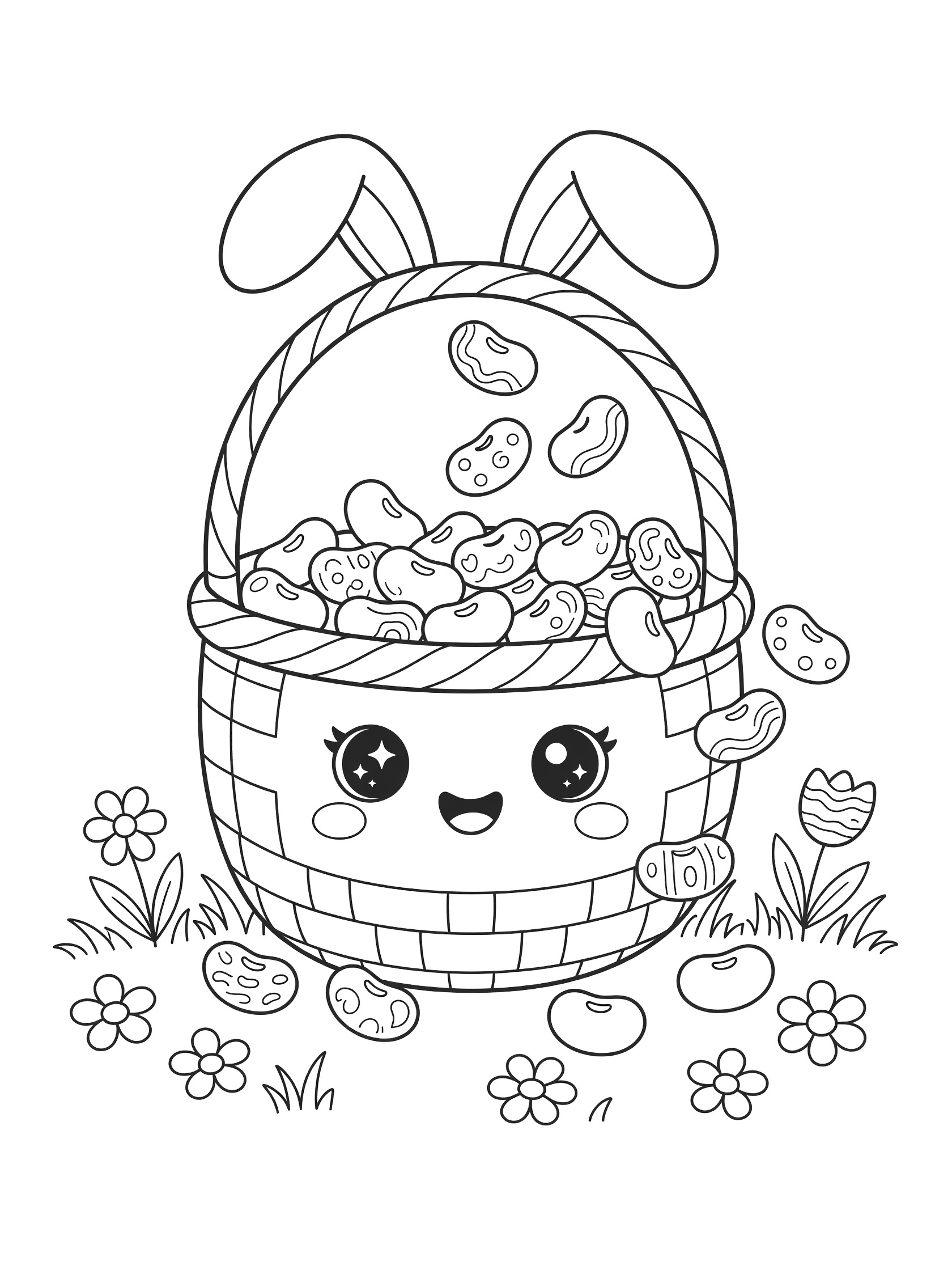 Black and white line art of adorable Easter basket with floppy bunny ear handles, sparkling eyes, smile, overflowing jelly beans on grass with spring flowers.