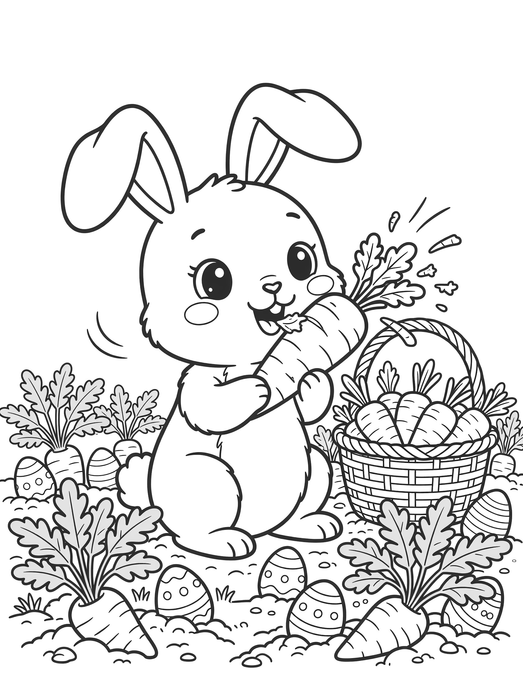 Kawaii Easter Bunny with big eyes and floppy ears eating a giant carrot, sitting in a farm patch with green carrot tops, Easter eggs, and woven basket full of carrots.