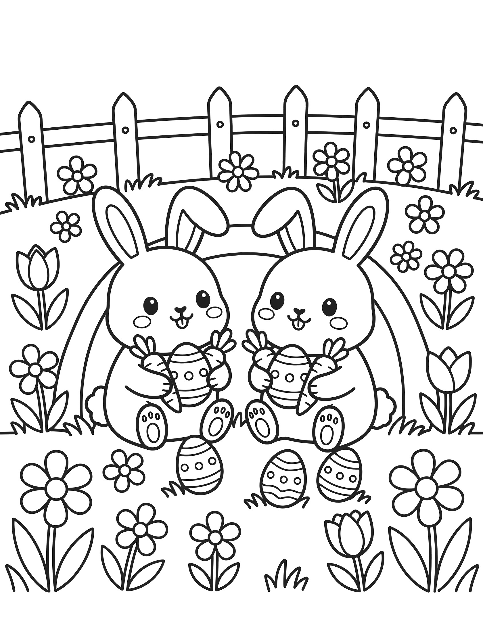 Kawaii black-and-white line art of two big-eyed Easter bunnies with floppy ears from a burrow, holding colorful eggs and carrots, surrounded by flowers, grass, and wooden fence - Easter Bunny Puns theme