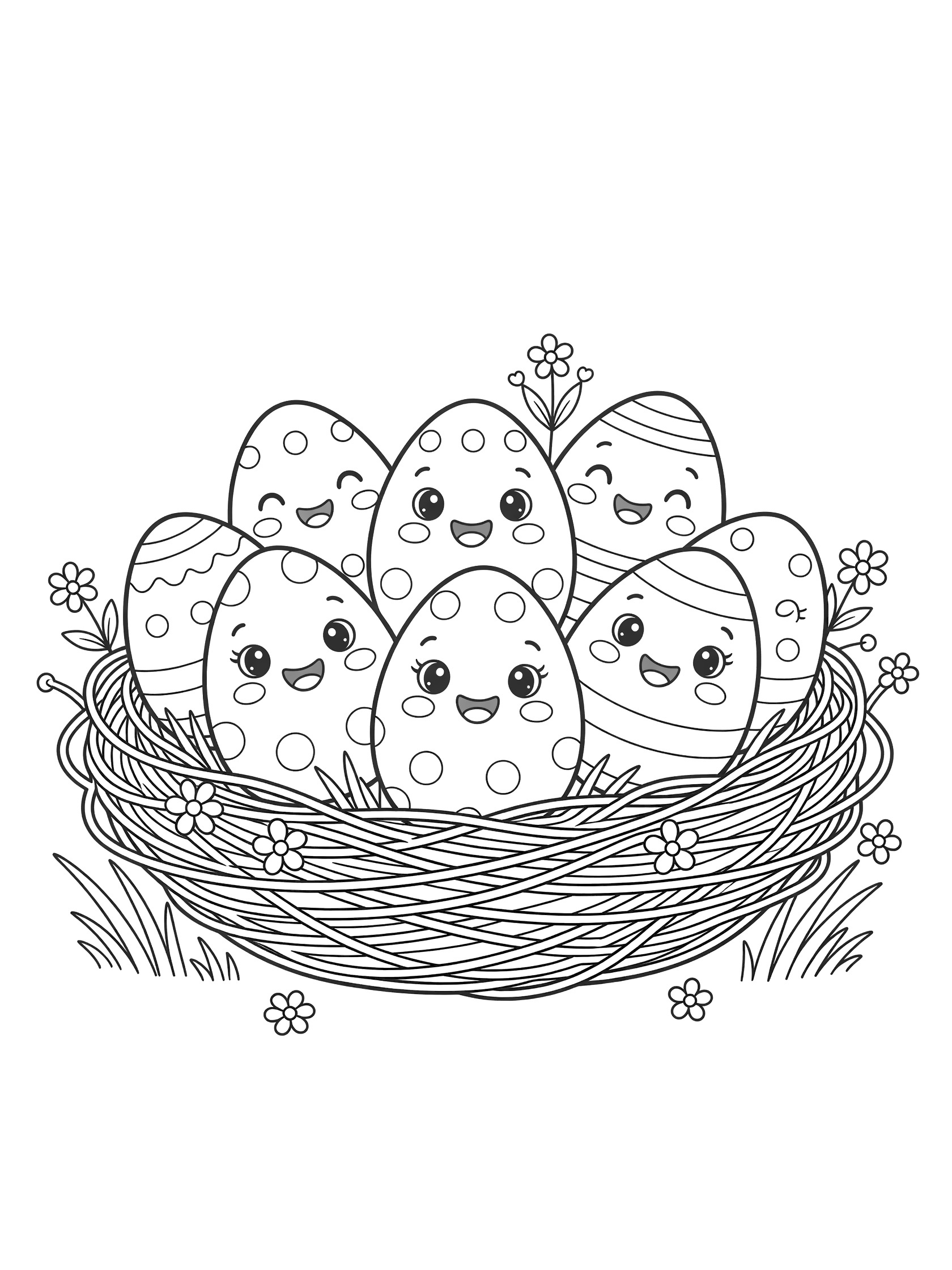 Black and white line art of happy Easter eggs in a nest with polka dots, stripes, twigs, grass, and tiny spring flowers.