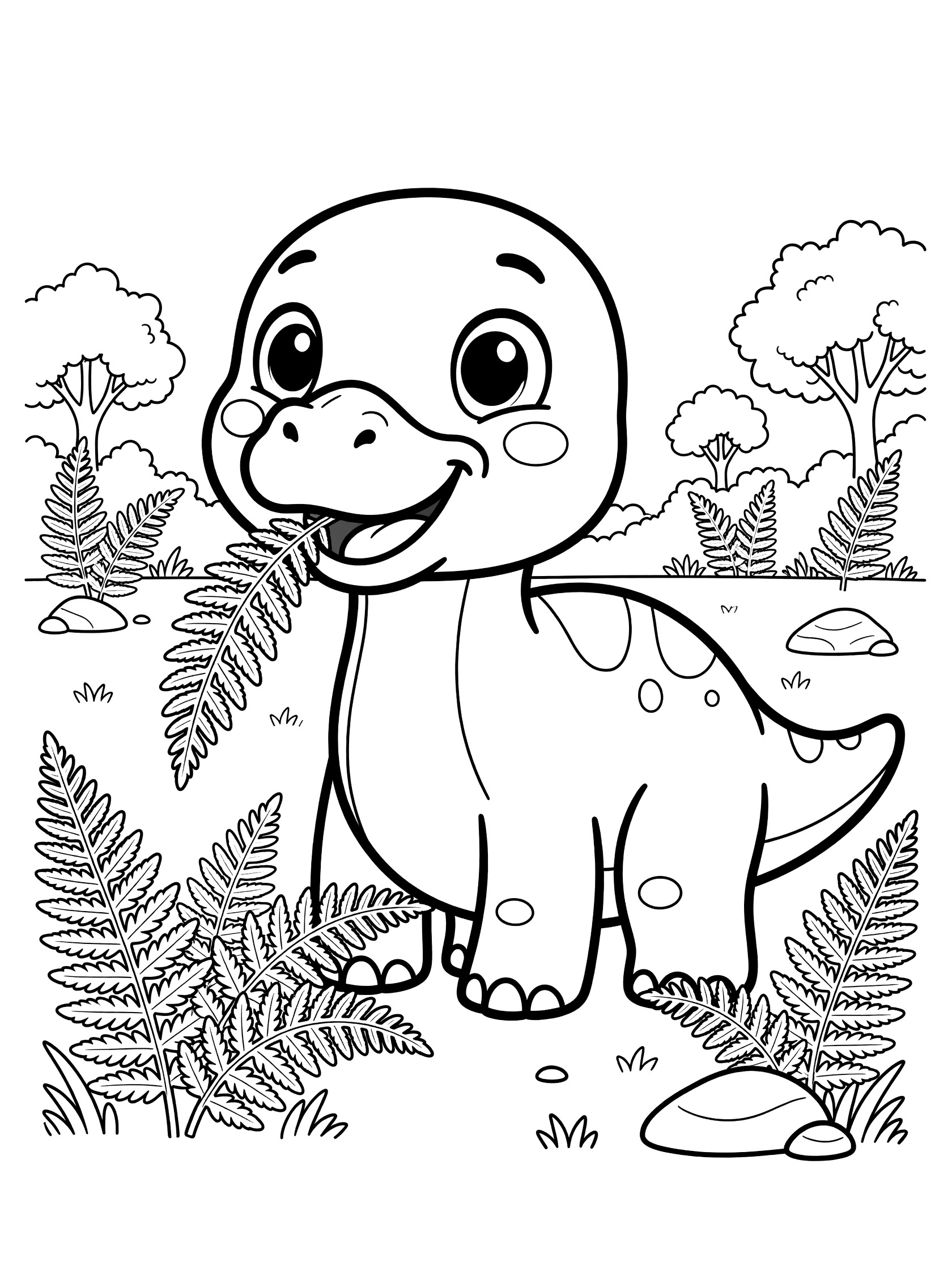 Cute Edmontosaurus dinosaur coloring page showing it eating tall frilly ferns with duck-like bill, surrounded by rocks and trees in a simple line art style.