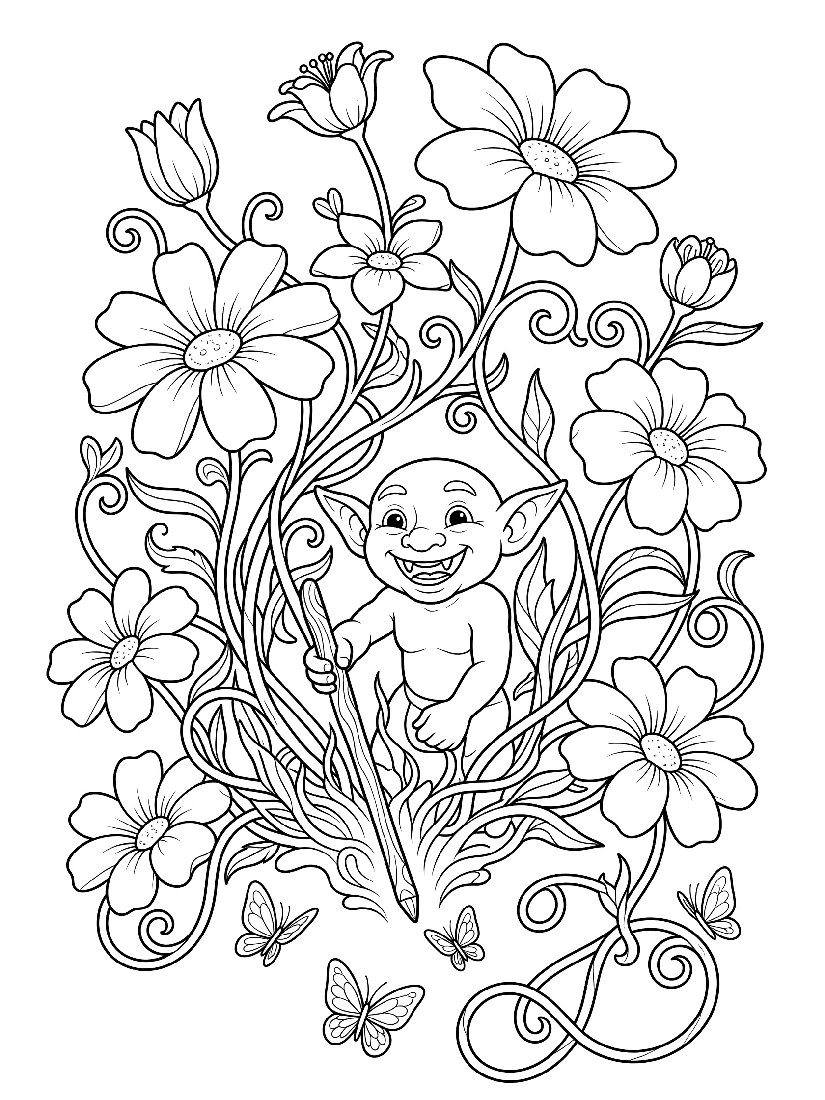 Black and white line art coloring page showing a happy elf with pointy ears holding a paintbrush in a garden of large flowers, twisting vines, and fluttering butterflies. Goblin themed black and white printable line art