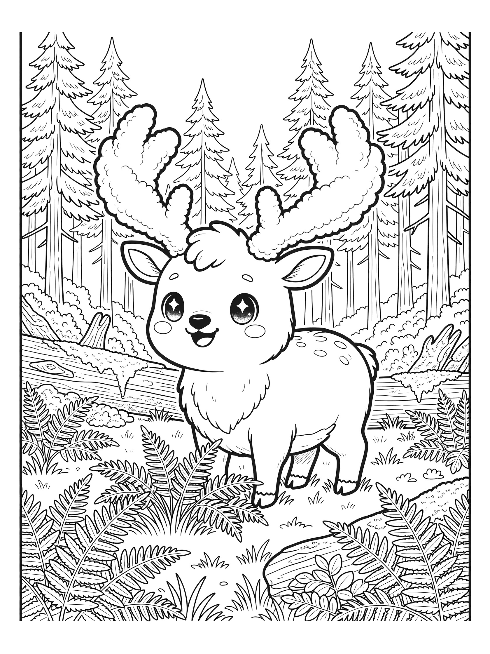 Black and white coloring page showing a cute elk with large antlers, fluffy fur, big eyes, and small tail in a detailed forest with pine trees, ferns, grass, and logs. Pacific North West Forests themed black and white printable line art