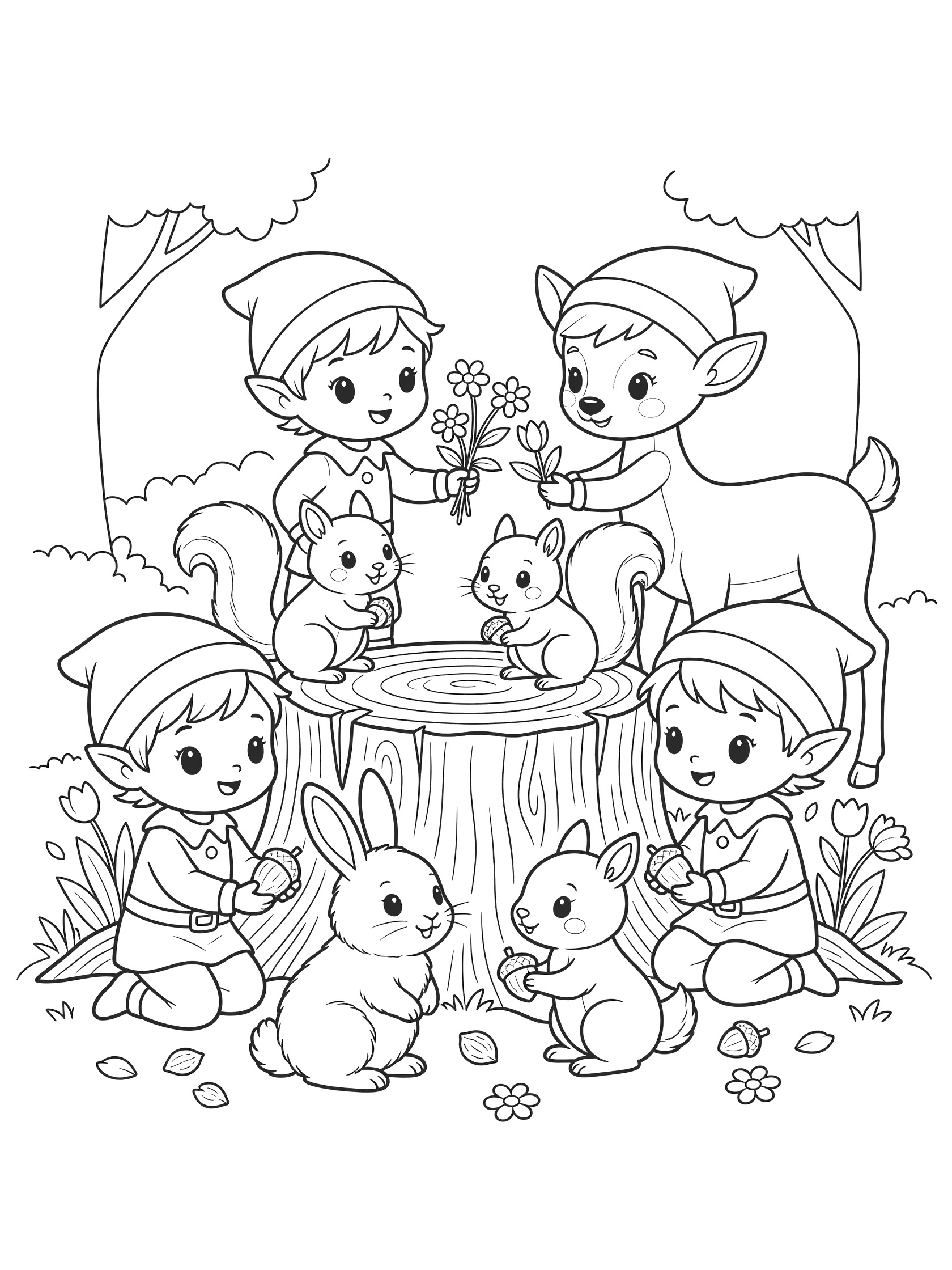 Black and white line art coloring page showing elves in pointy hats playing with squirrels, rabbits and deer near a big tree stump with flowers and nuts.