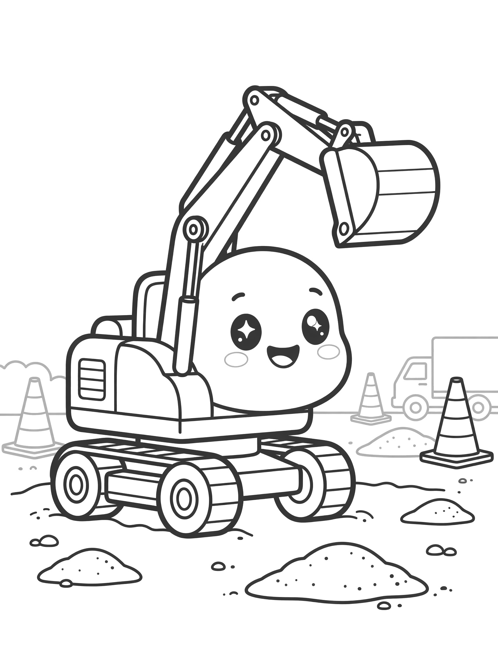 Cute excavator with sparkling eyes and smile lifting a pipe using its long arm and bucket on a construction site with pebbles, sand, cones, and truck.