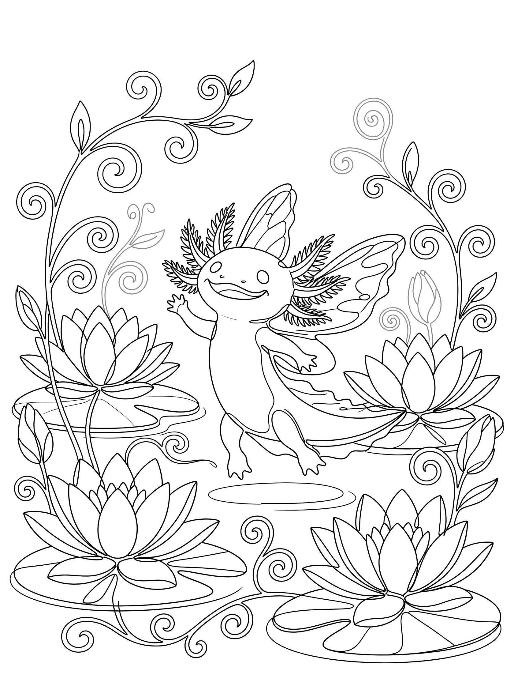 Black and white line art coloring page showing a smiling fairy axolotl with feathery wings dancing on large lily pads surrounded by twisting vines and flowers.