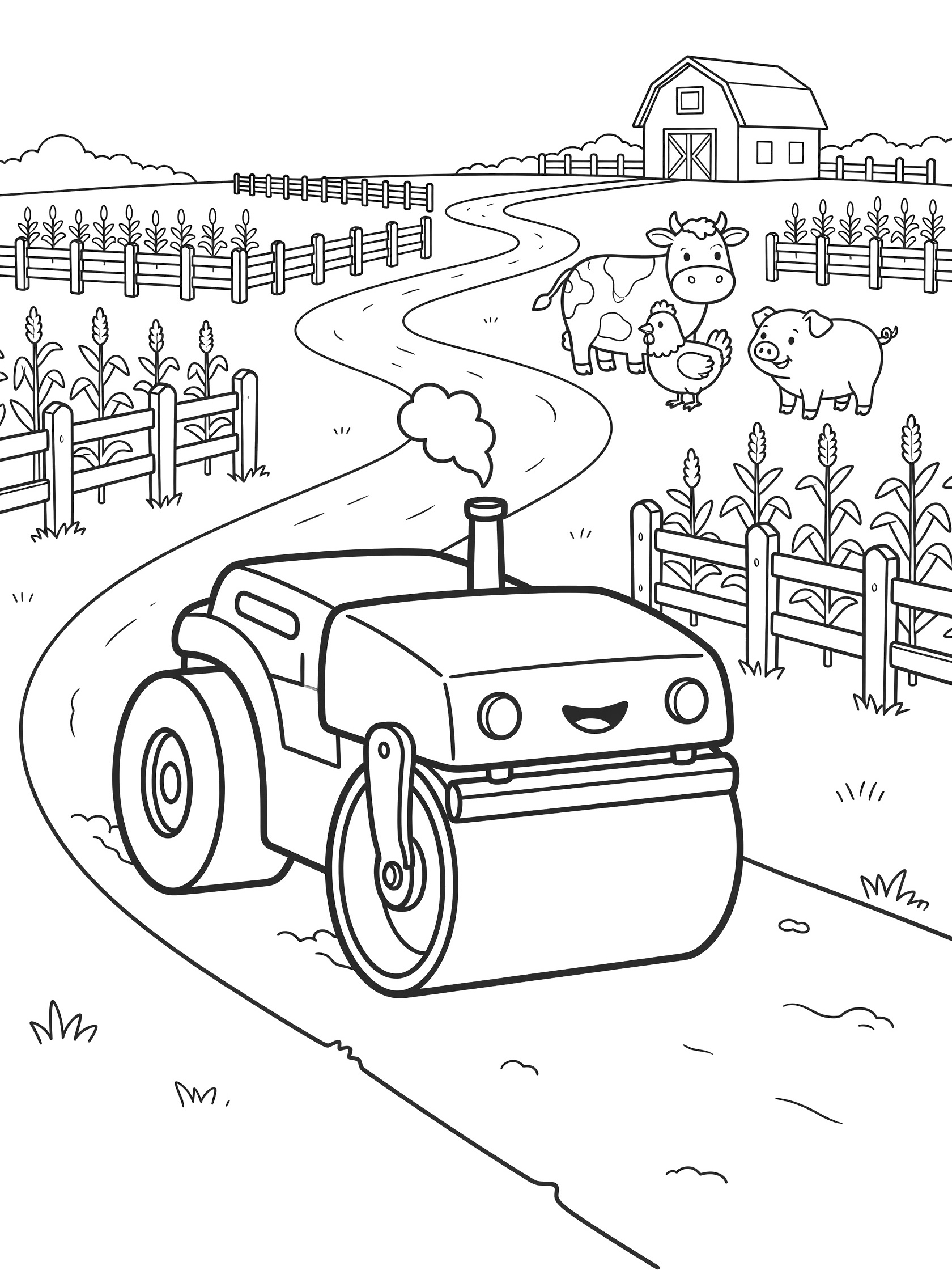 Cute road roller on a winding farm path with cow, chicken, pig, corn fields, fences, and barn coloring page