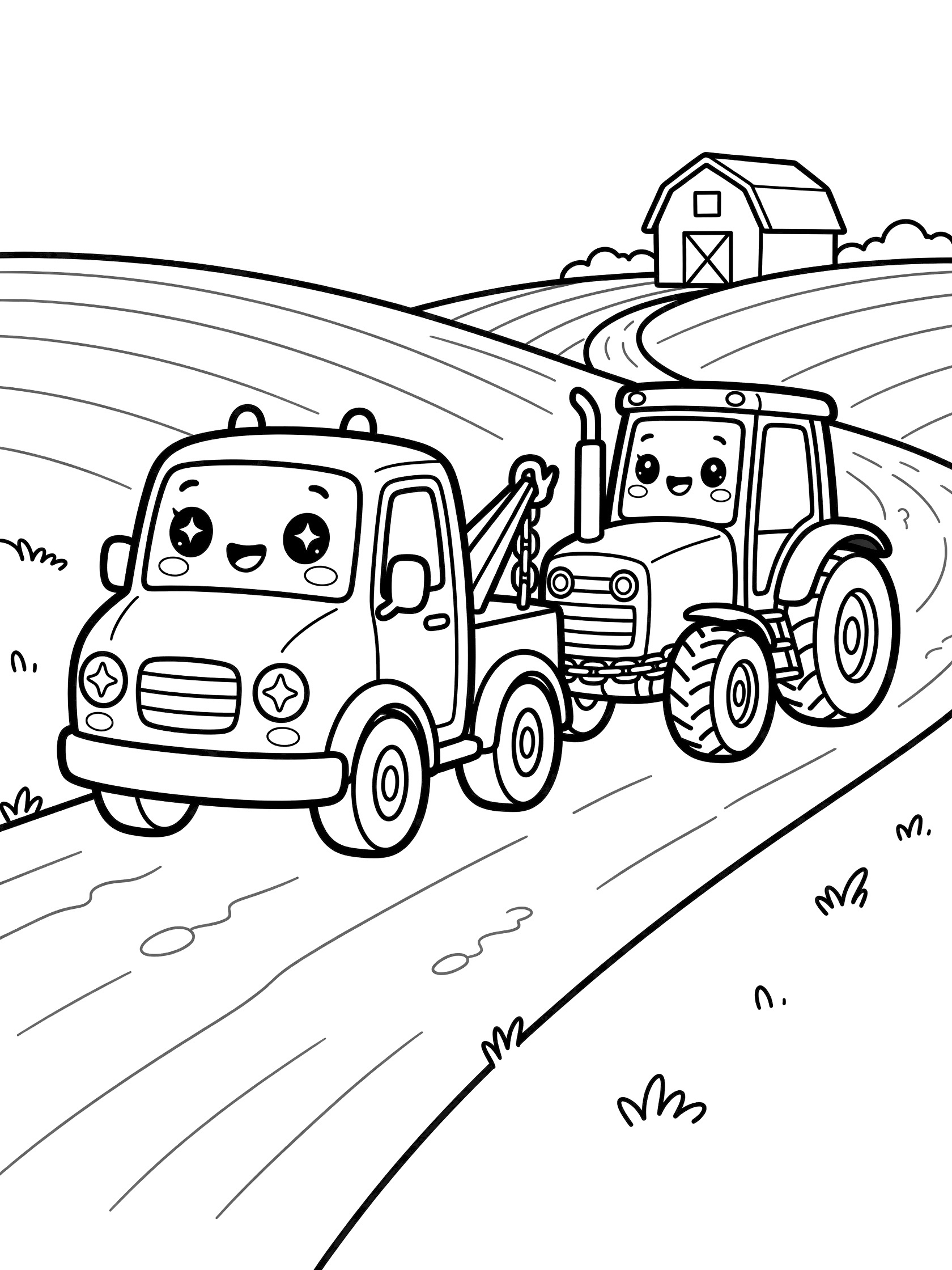 Kawaii farm tow truck with big eyes towing a smiling chibi tractor along a dirt road, with wavy fields and distant barn in the background.