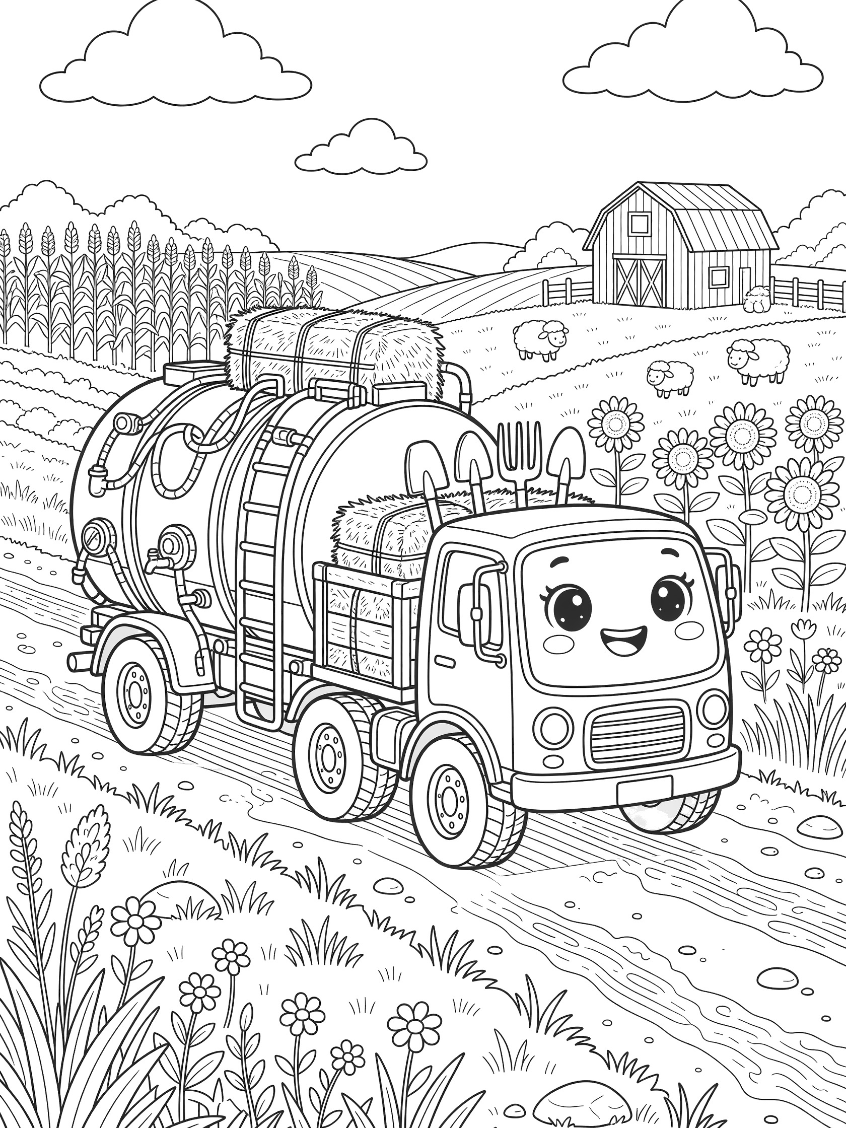 Kawaii-style farm truck coloring page towing a large water tank trailer, with oversized wheels, hay bales, farm road, grass, wildflowers, corn, sunflowers, red barn, sheep, and clouds
