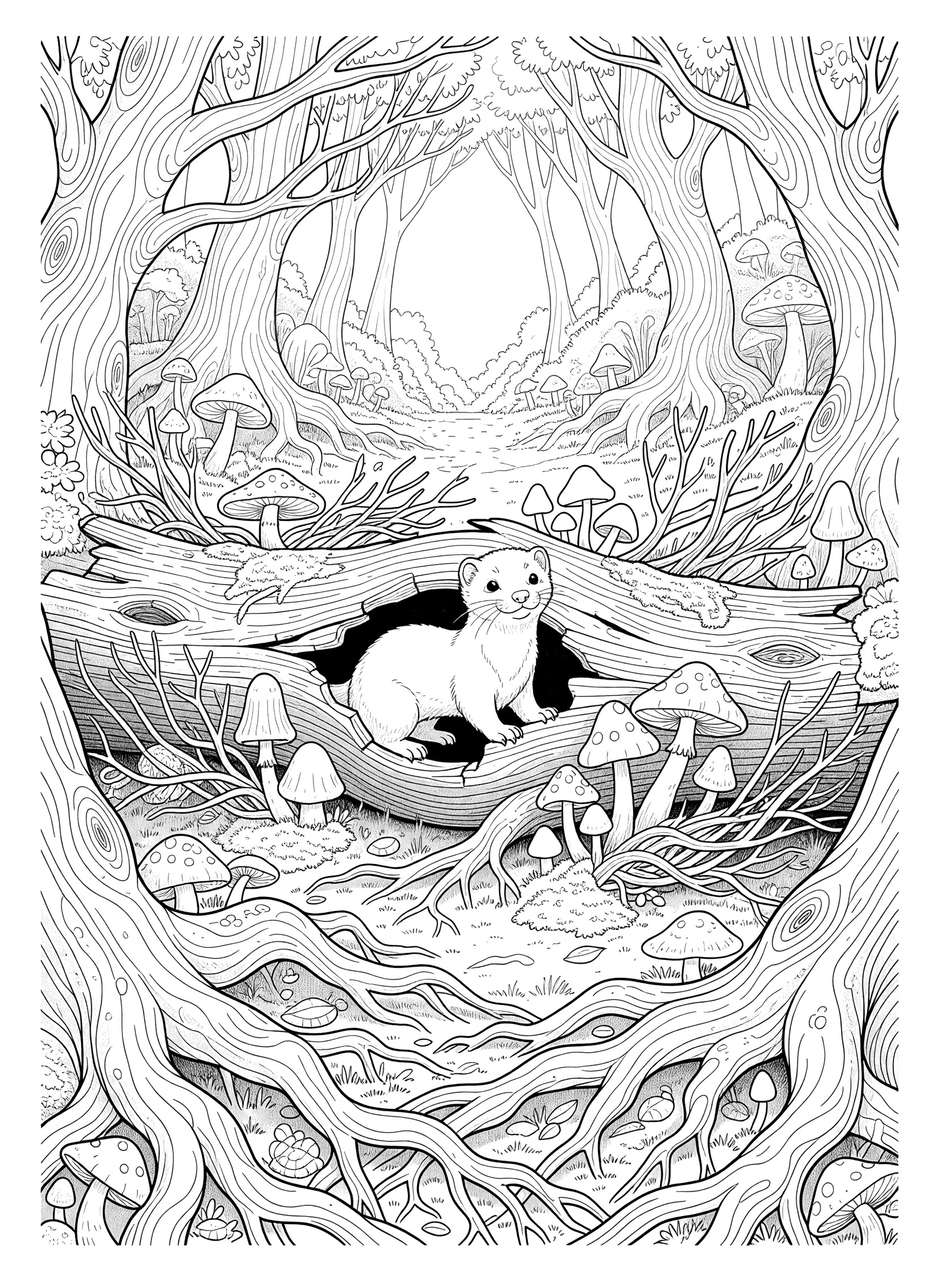 Black and white line art coloring page showing a cute ferret peeking from a hollow log filled with mushrooms and twigs surrounded by forest trees roots and plants. Mink themed black and white printable line art