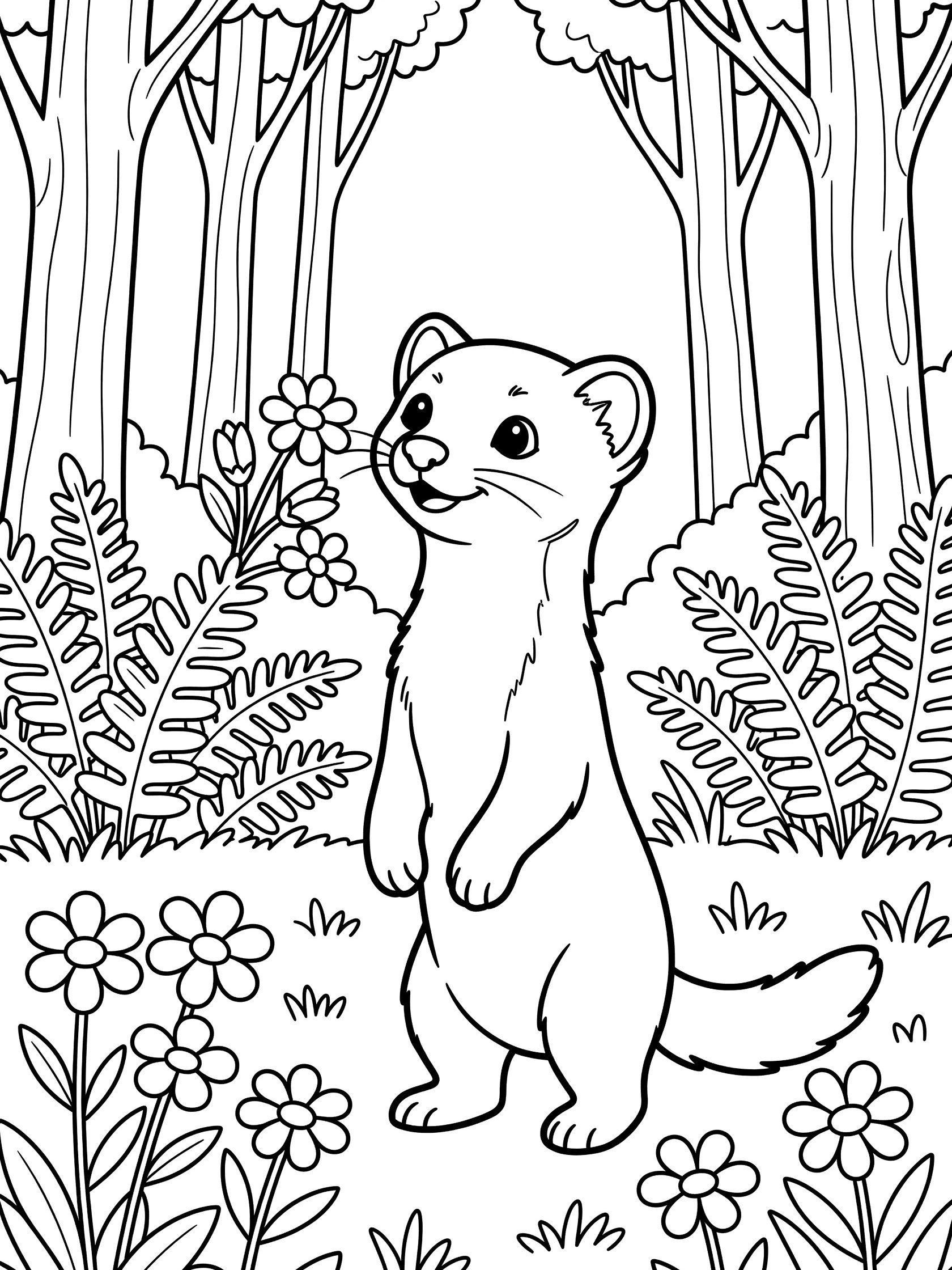 Black and white line art coloring page showing a cartoon ferret on hind legs smelling flowers surrounded by trees, ferns, and more flowers in a forest glade. Marten themed black and white printable line art