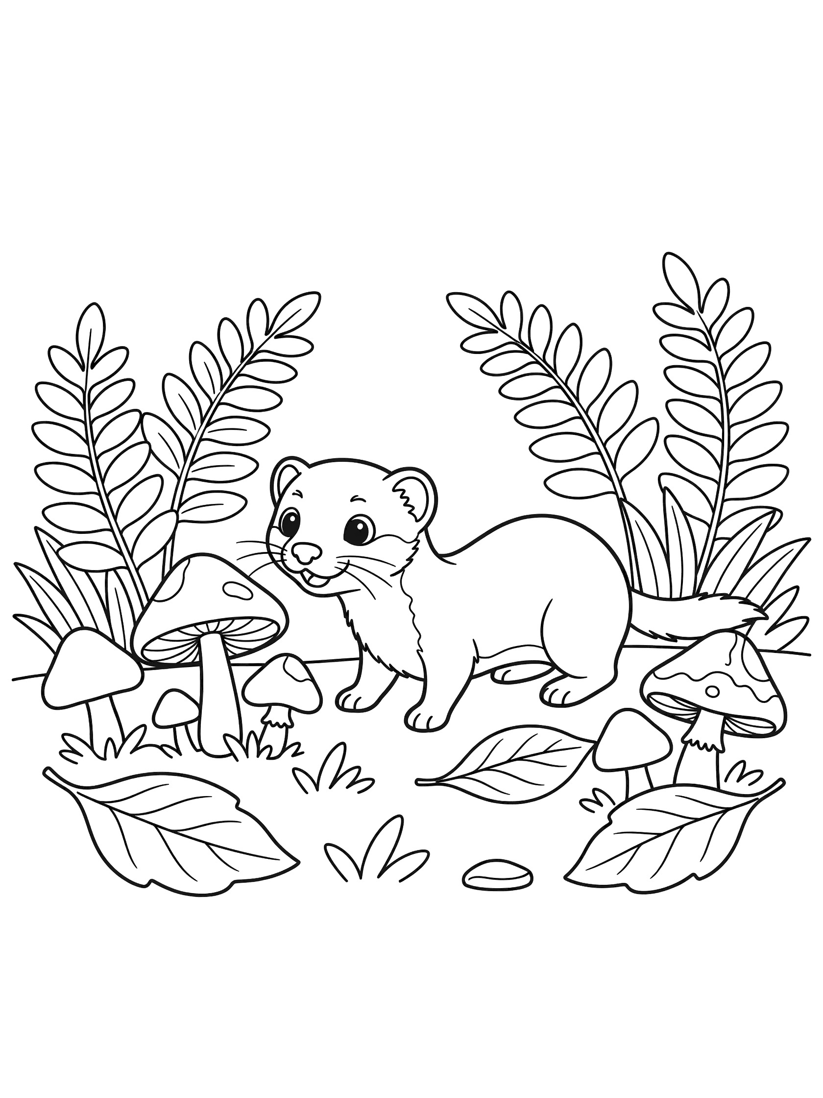 Black and white printable coloring page showing a cute ferret with big eyes sniffing mushrooms surrounded by ferns and fallen leaves in a forest scene. Weasel themed black and white printable line art