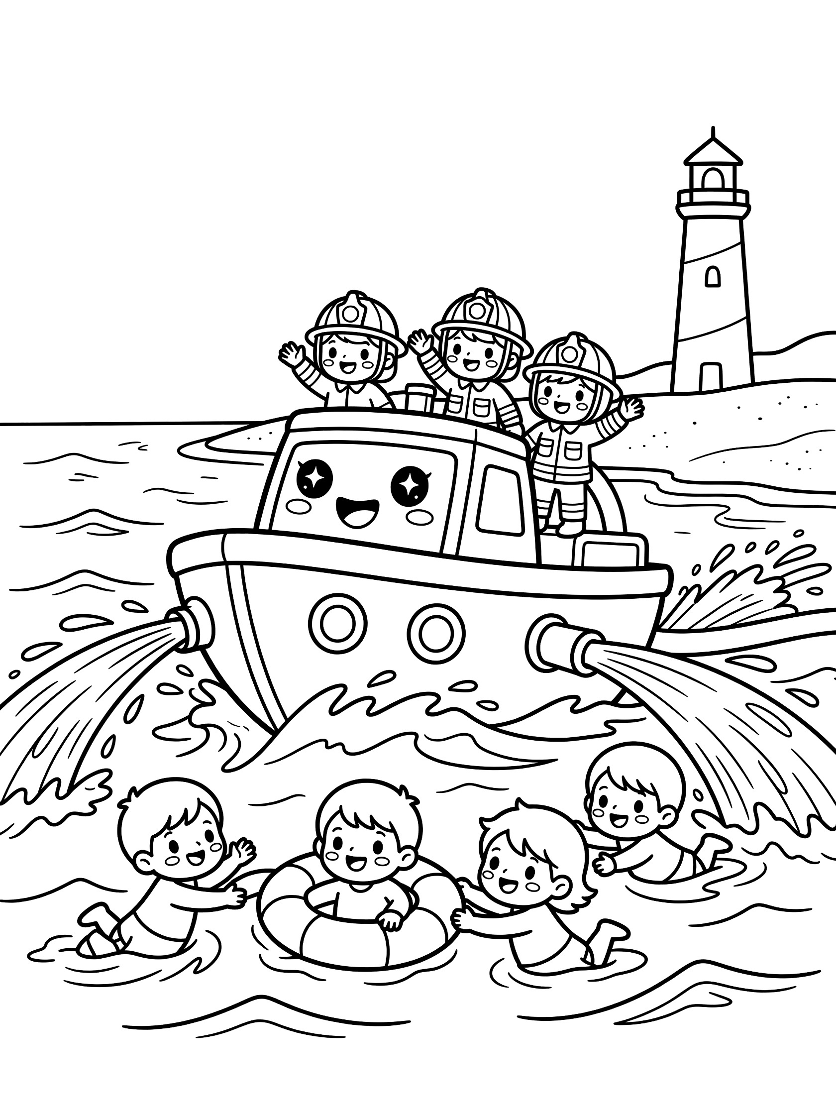 Black and white line art of a kawaii fire boat rescuing three kids on a life ring with water hoses, firefighters waving, ocean waves, sandy shore, and lighthouse.