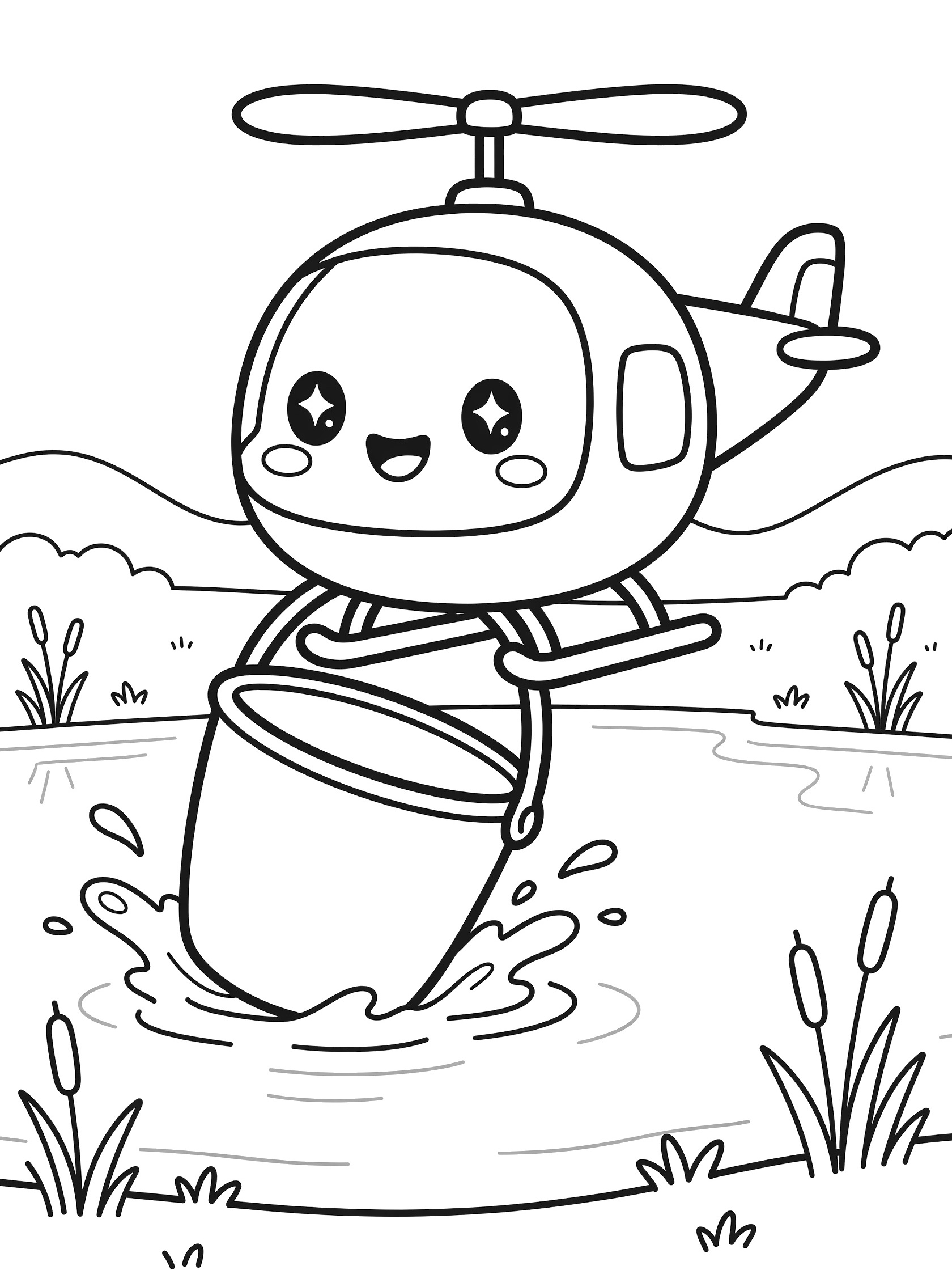 Cute kawaii fire helicopter coloring page dipping oversized red bucket into rippling lake water with splashes, reeds, hills, and clear sky line art