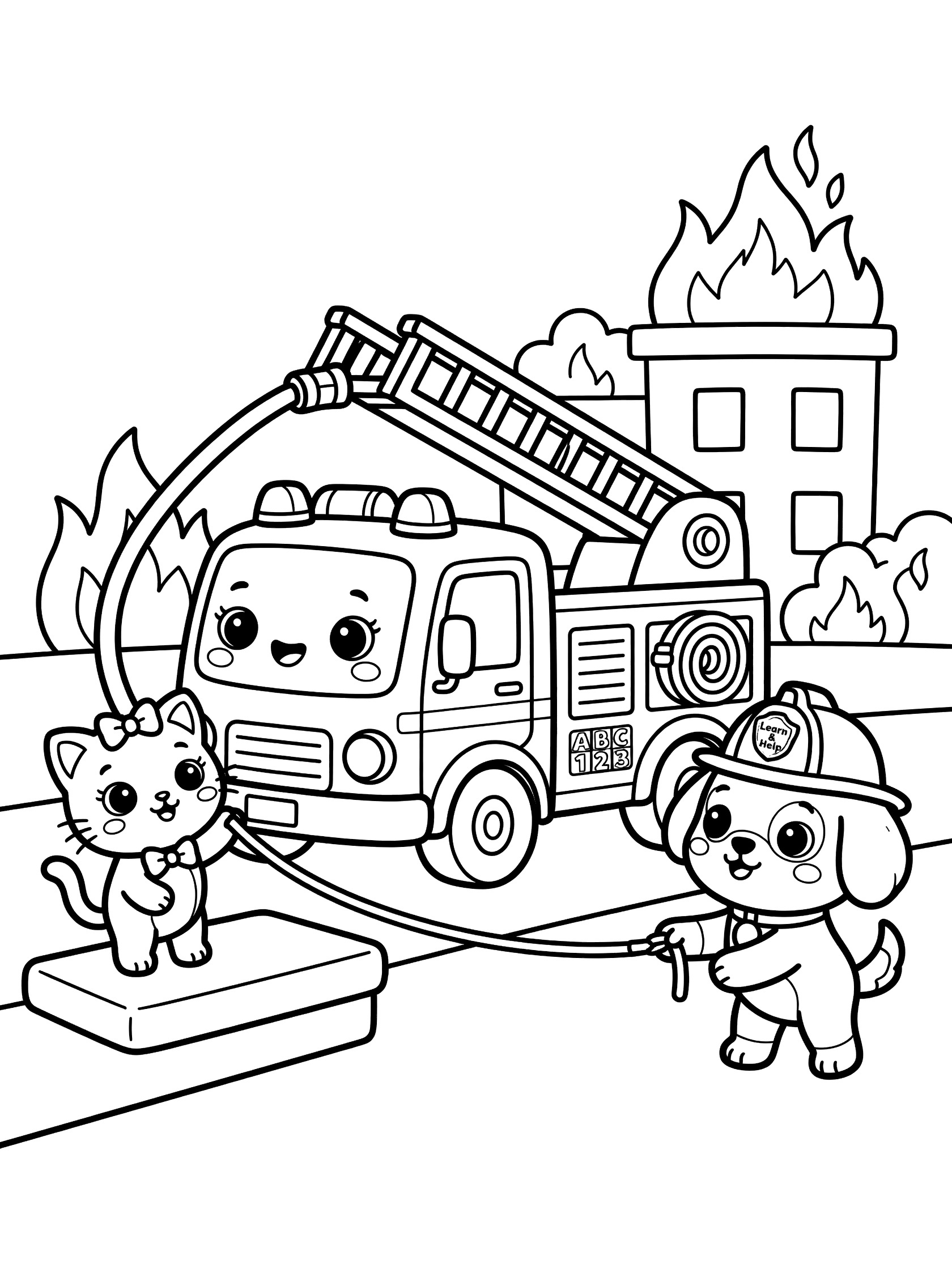 Black and white kawaii coloring page of fire truck rescue scene featuring adorable dog in firefighter hat holding hose, cat on platform, extending ladder to building on fire.