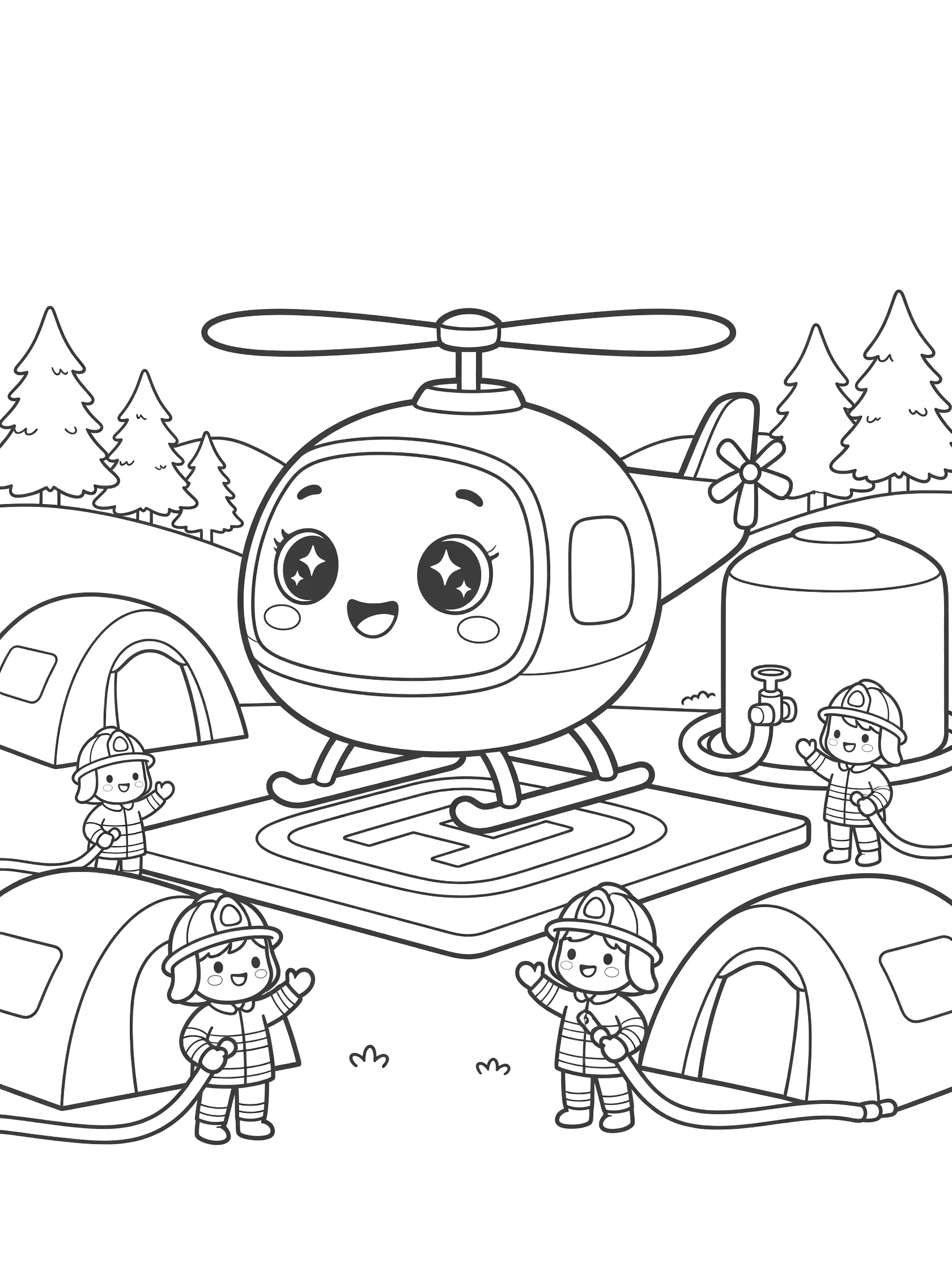Black and white line art of a cute firefighting helicopter at base camp, surrounded by friendly firefighters, tents, water tank, trees and hills